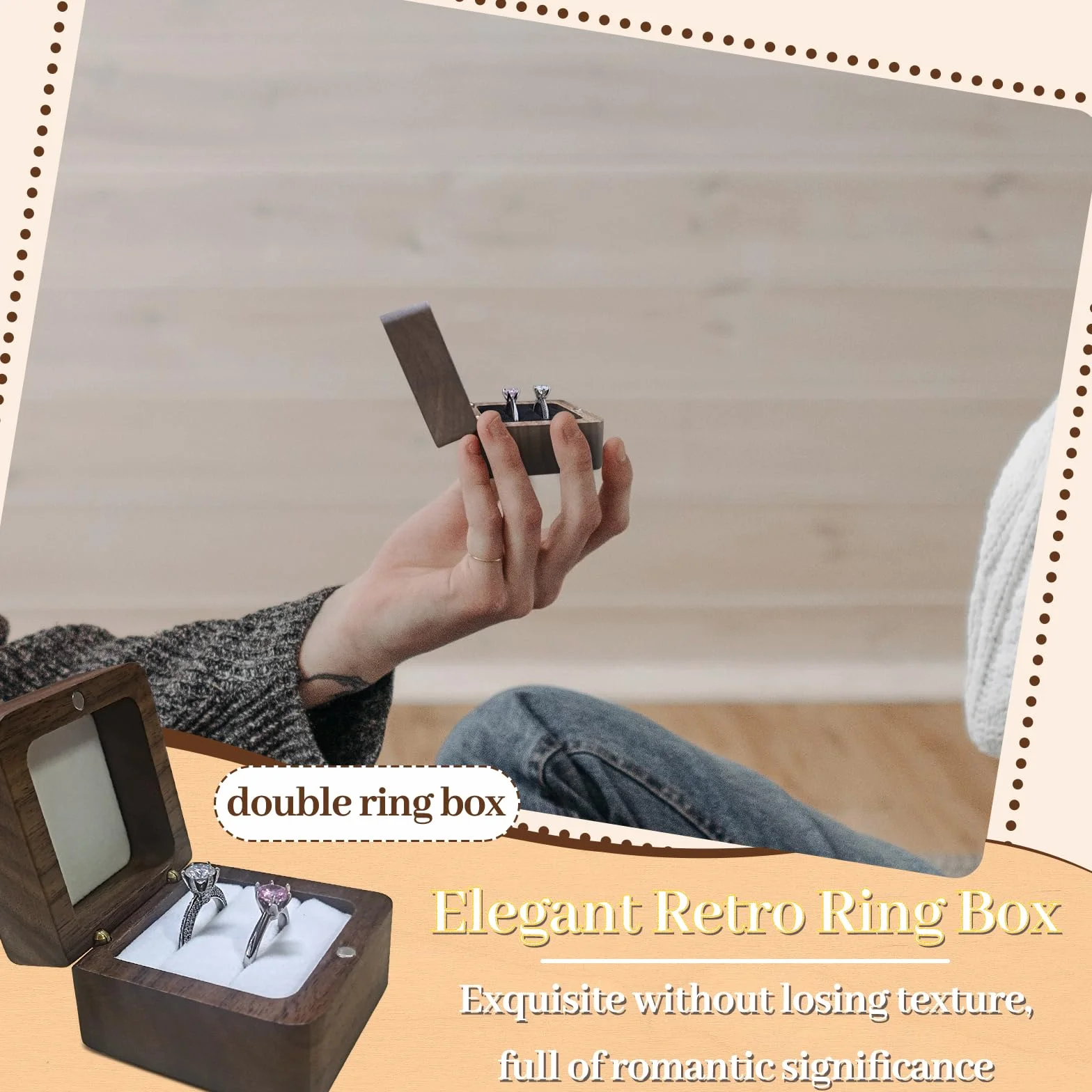 Caja Anillo de Madera Doble Ranura, Joyero Pequeño Cuadrada, Organizador Anillos de Boda (Blanco)