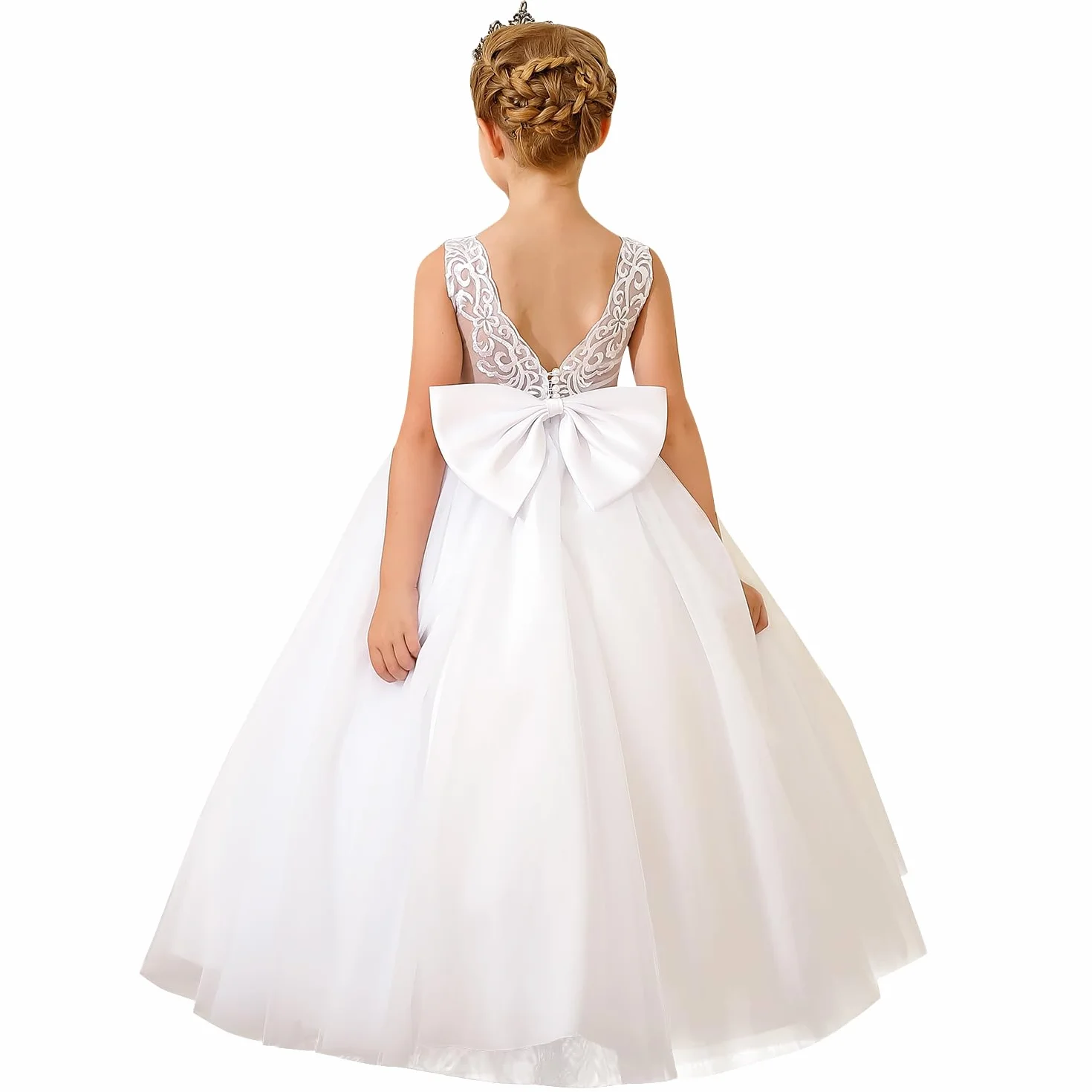 PLWEDDING Vestido de niña bordado de encaje para boda V-espalda con lazo