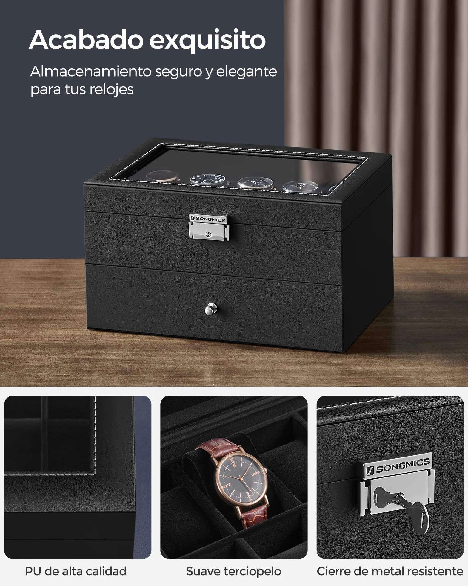 SONGMICS Caja de Relojes 2 Niveles con Tapa de Cristal, Cerradura, Cuero Sintético Negro