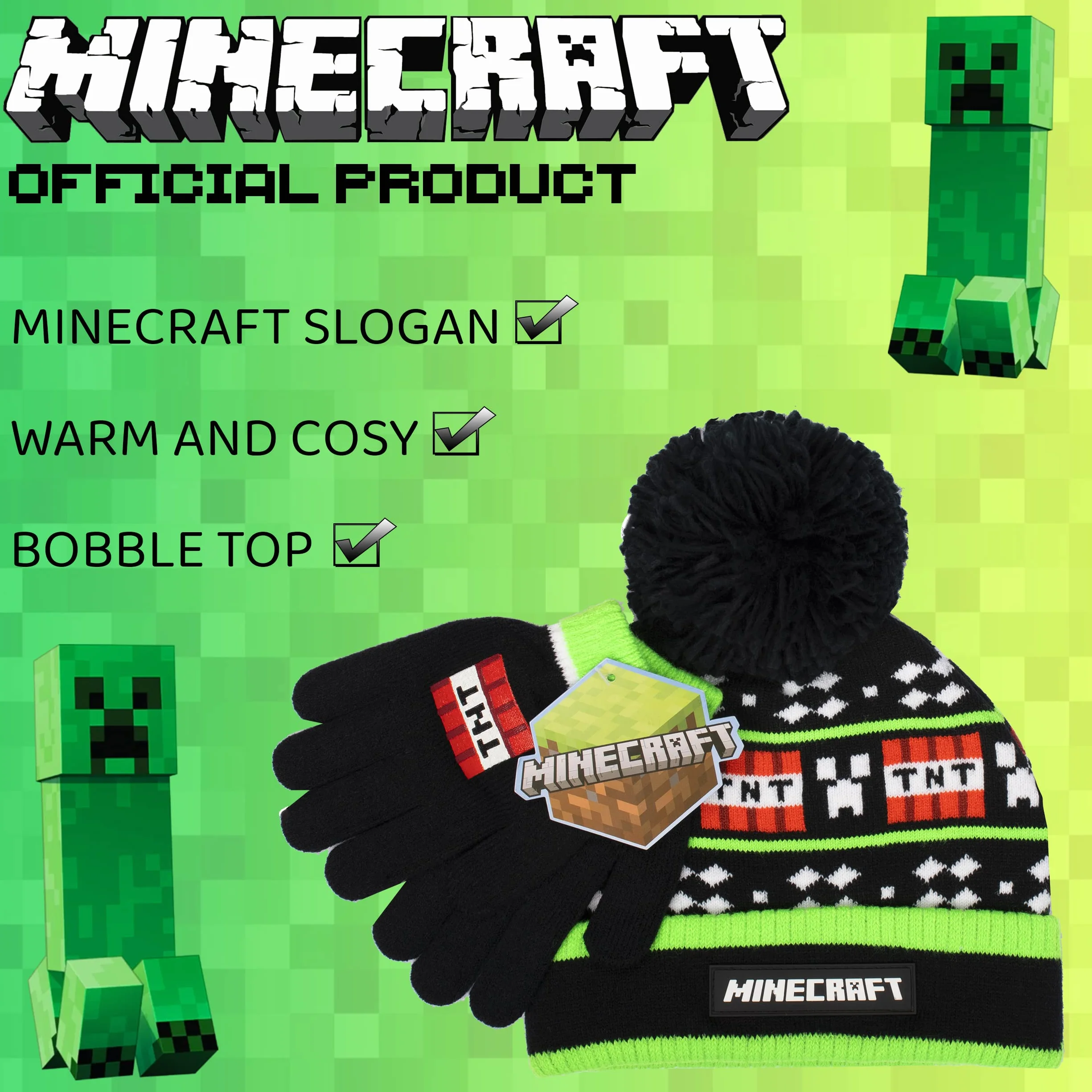 Minecraft Gorro y Guantes de Lana Negros para Niños - Diseño de Píxeles - Talla Única 6-12 Años - Mercancía Oficial