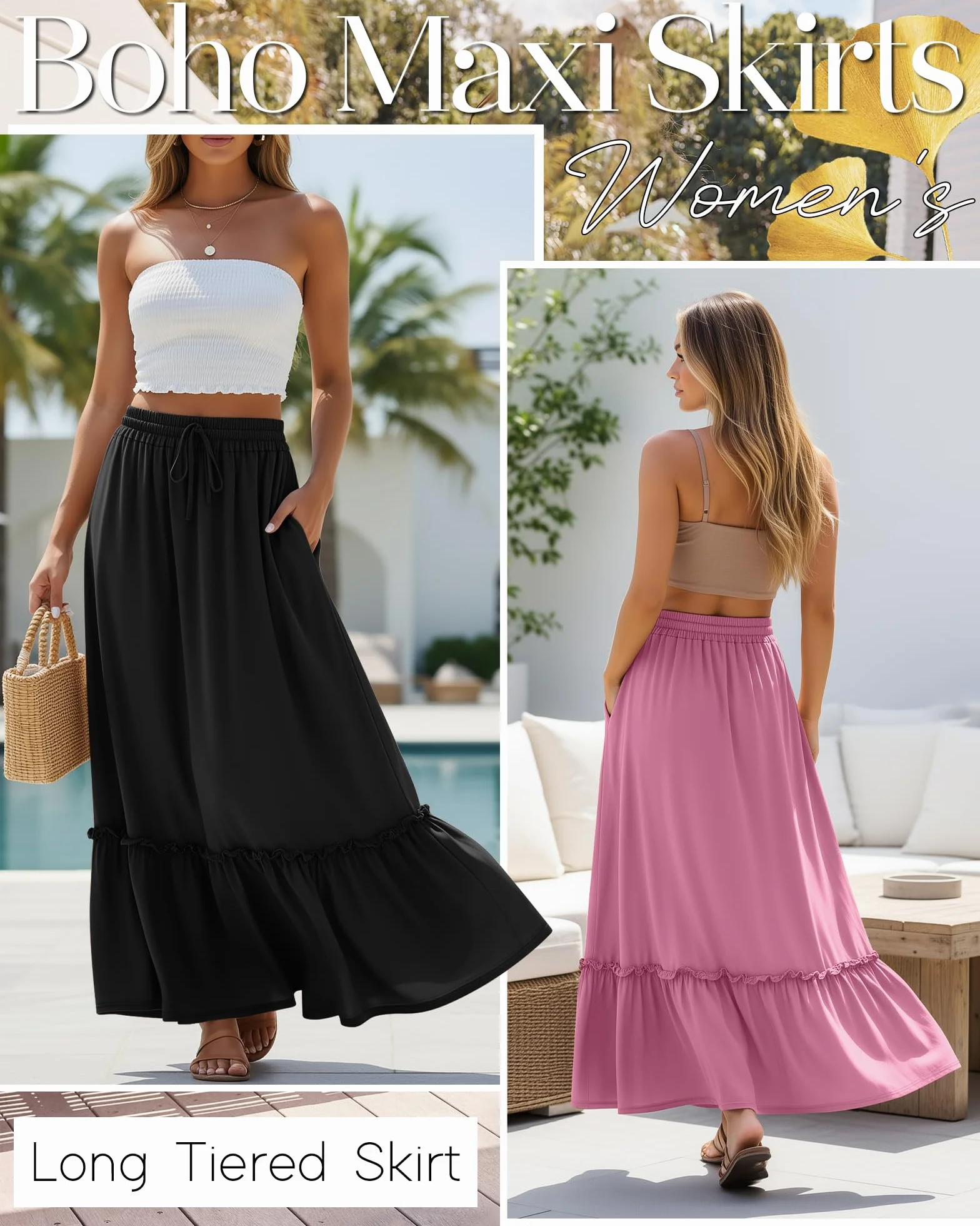 Pack de 3 Faldas Maxi Boho para Mujer, Falda Larga de Capas con Volantes, Cintura Alta