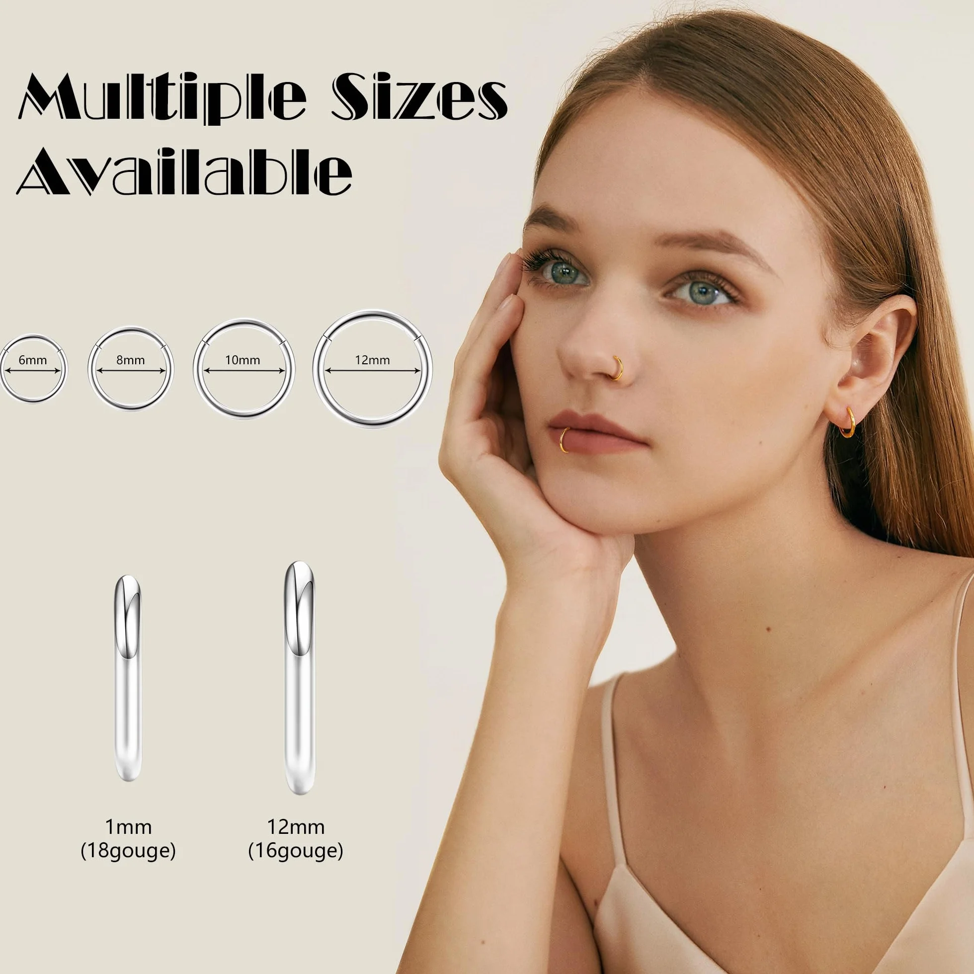 Diamday 8pcs Clicker Piercing Nariz 16G/18G 316L Acero Quirúrgico 6mm 8mm 10mm 12mm