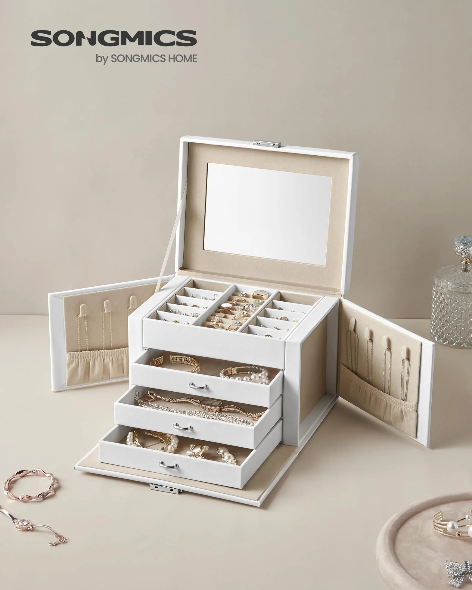 SONGMICS Caja Joyero de 4 Niveles con Asa, 3 Cajones, Espejo, Cerradura, Blanco Nube y Beige Arena JBC159W01