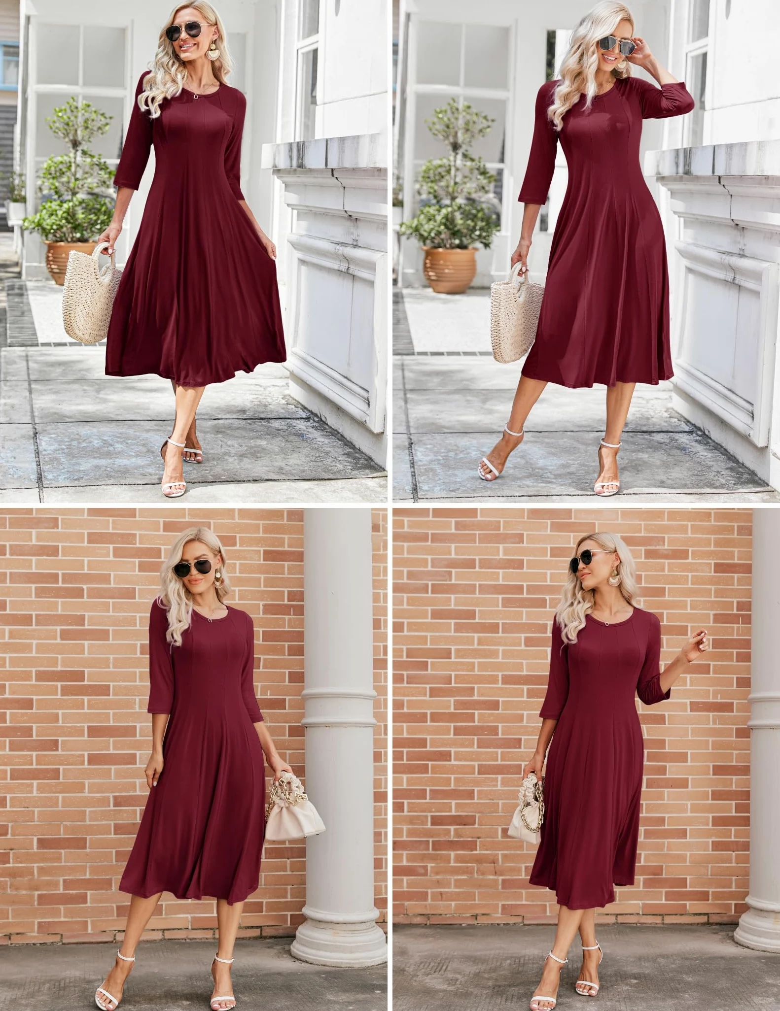 Hotouch Vestidos de verano para mujer, elegante, túnica, cuello redondo, manga 3/4, vestido de línea A, clásico, vestido midi con bolsillos, S-XXL