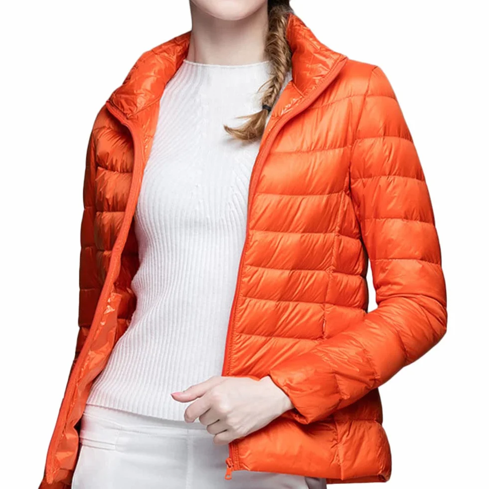 Chaqueta Acolchada Mujer Pluma Ligero Moda Cálido Cuello Alto Abrigo Corto Plegable Plumón Cremallera Manga Larga