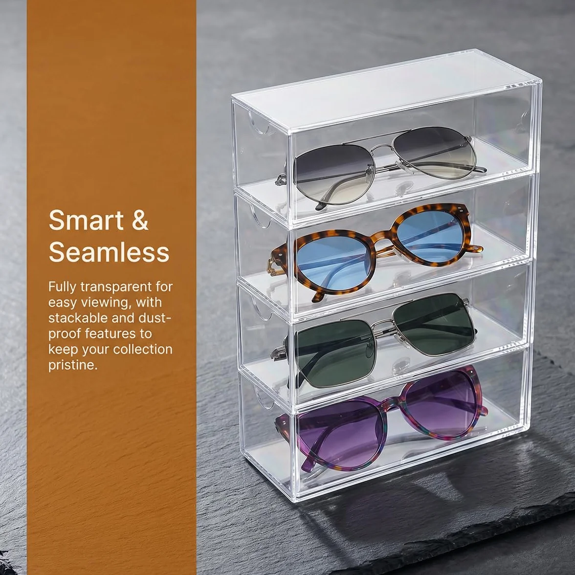 Organizador de Gafas de Sol Acrílico 24,5 x 17,5 x 6,5 cm Caja con 4 Cajones Transparente Apilable