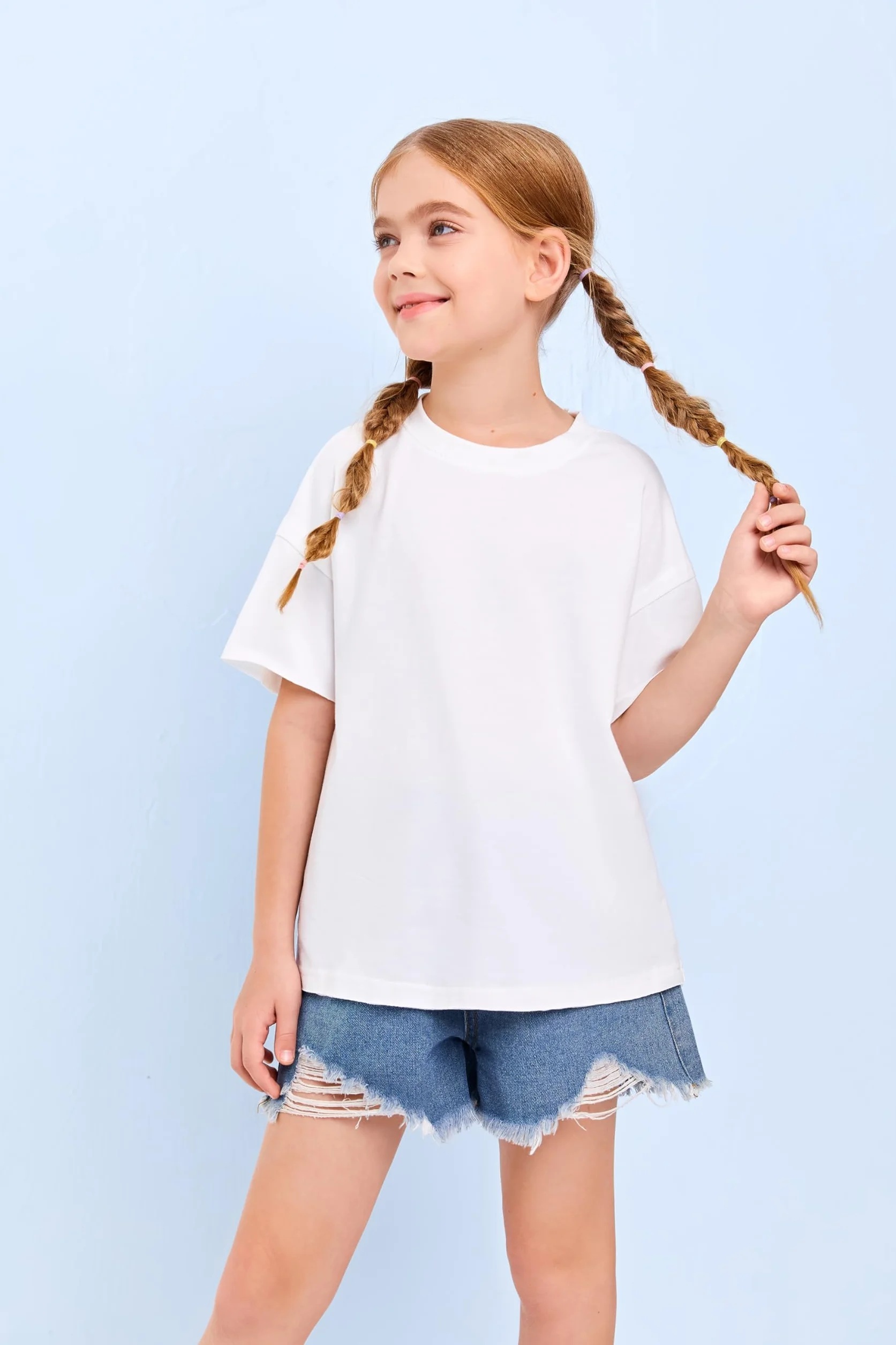 Haloumoning Camiseta de manga corta para niñas de algodón holgada cuello redondo