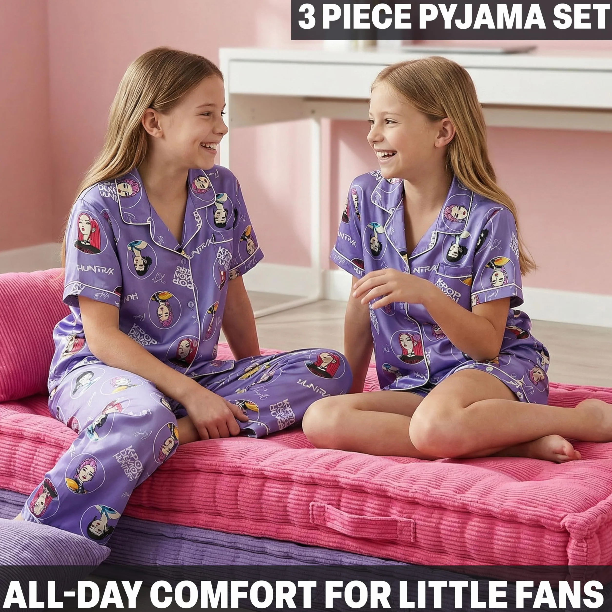 Pijama Niñas 5-14 Años Conjunto Satén 3 Piezas Camiseta Manga Corta Pantalon Largo y Corto