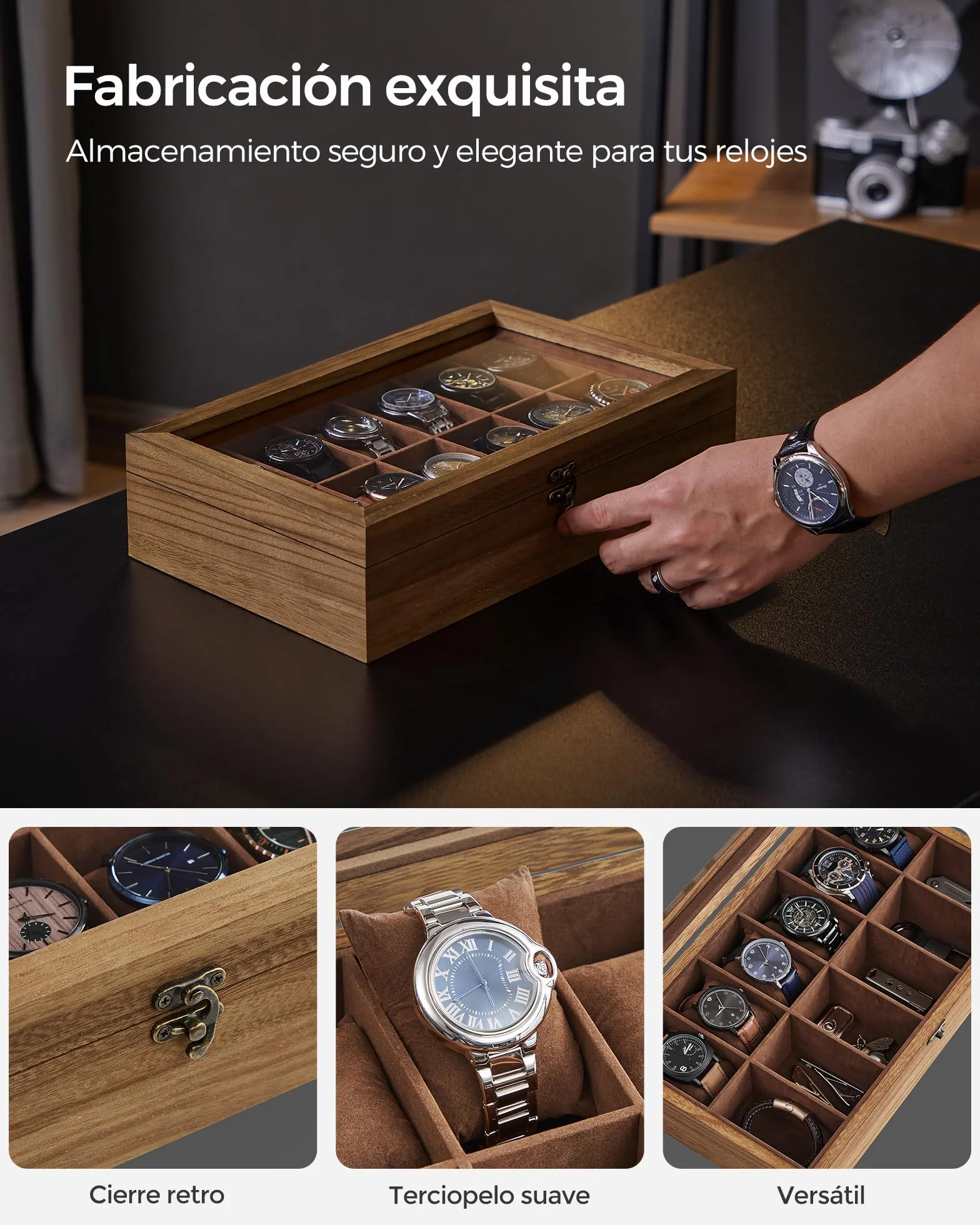 SONGMICS Caja para Relojes 12 Compartimentos Madera Maciza Tapa Cristal Nogal Rústico JOW120K01