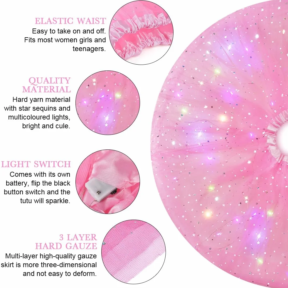 Falda Tutú LED para Mujer con Luz, Tul Adultos, Disfraz Halloween Carnaval, Rosa
