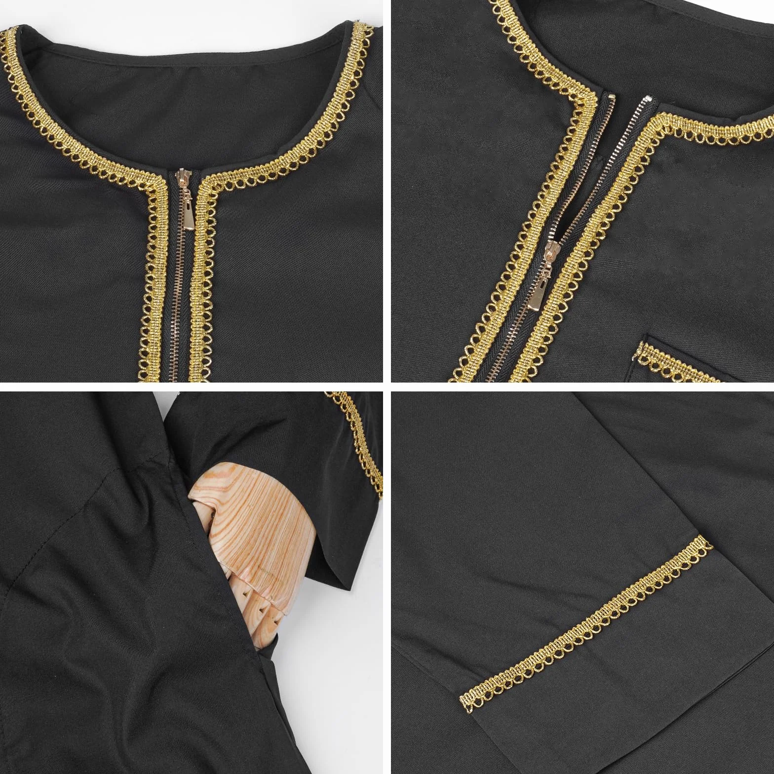 Túnica Árabe Bordada Hombre Jubba Thobe Ropa Musulmana Dubai Kaftan Blanco Negro M-3XL
