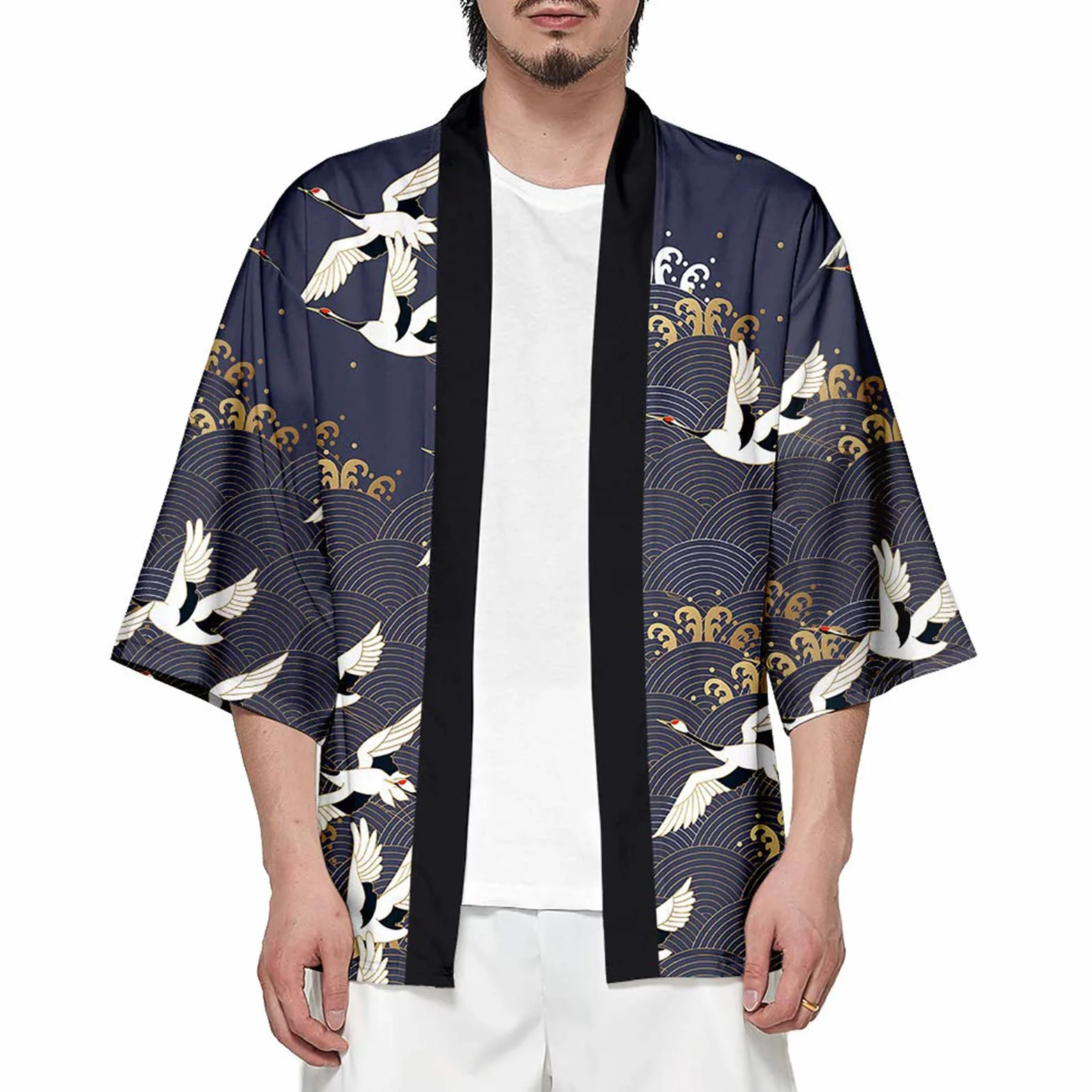 Hombre Hippie Camisa Kimono Japonés Estampado Holgado Manga 3/4