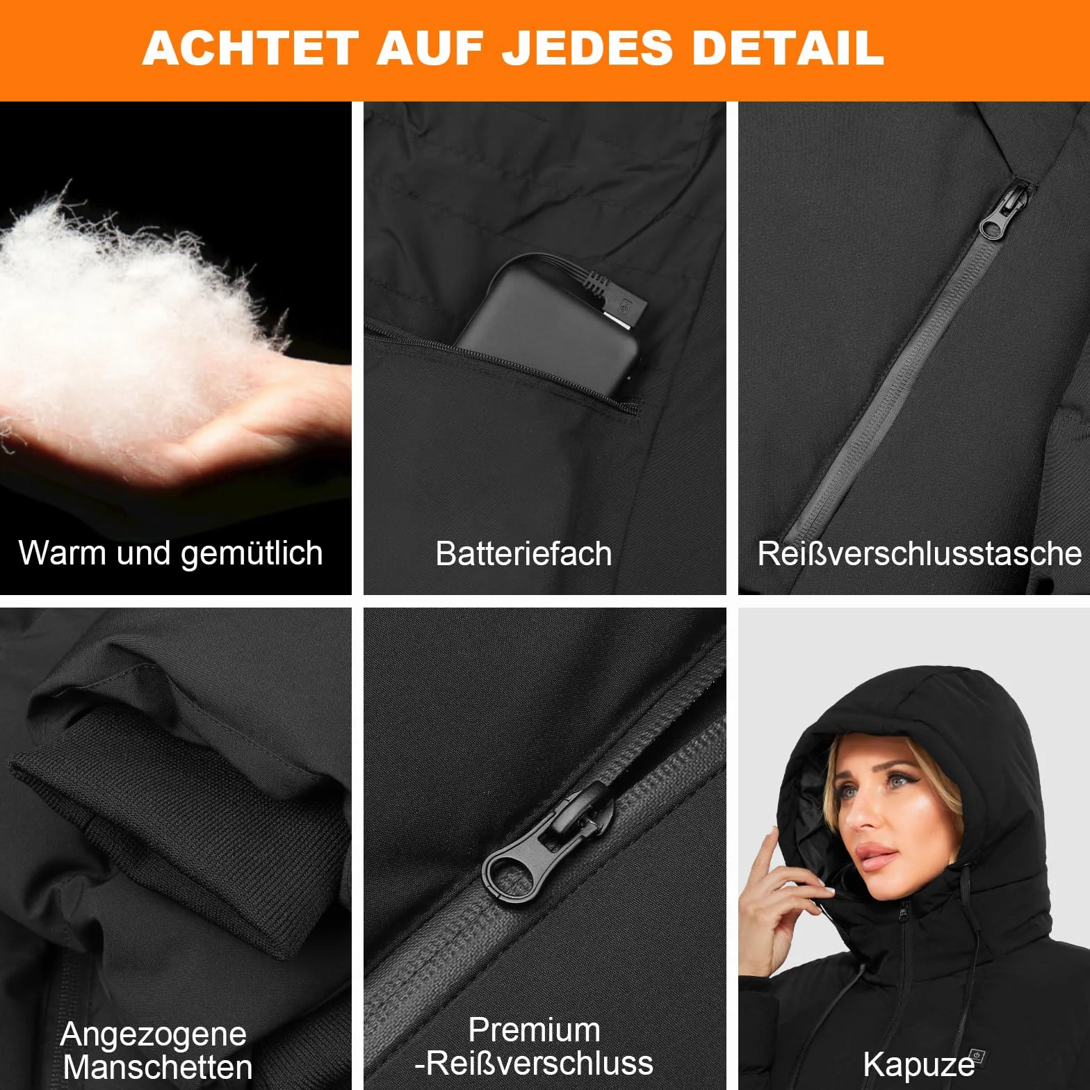 Chaqueta Calefactable con Capucha 3 Niveles de Calefacción Puerto USB Impermeable para Hombre Mujer Esquí Motocicleta