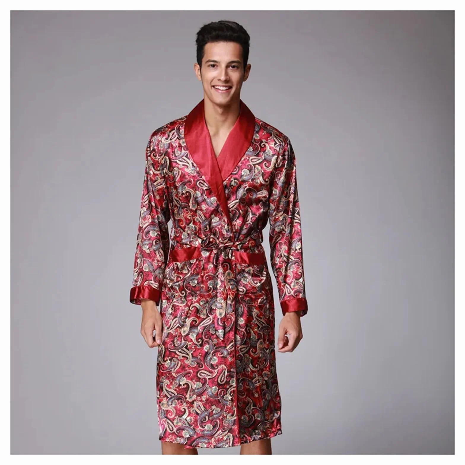Bata Hombre Seda, Ropa De Dormir De Seda Satinada, Bata De Baño De Verano, Pijama De Manga Larga, Bata De Dormir, Pijama Sleepwar Hombre para SPA (Coffee, XXL)