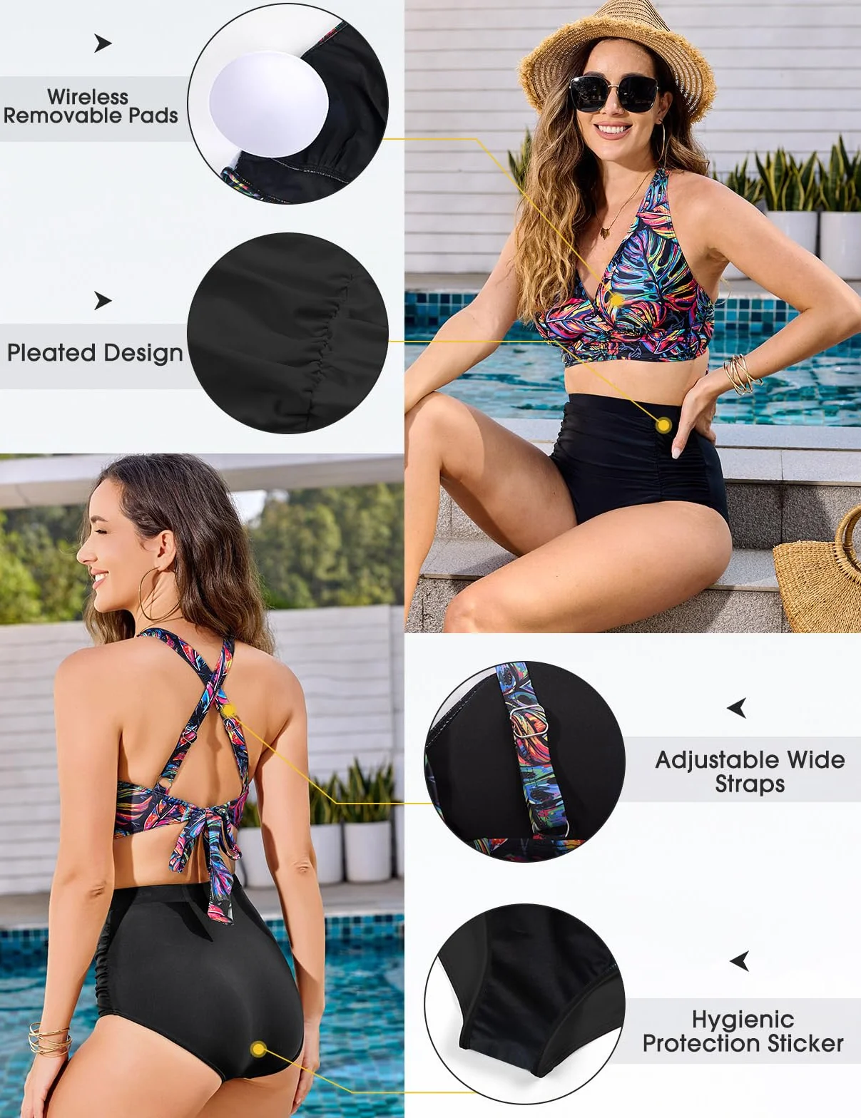 Voqeen Mujer Bikinis Reductor Barriga Cintura Alta Traje de Baño 2 Piezas Push Up con Relleno Conjuntos de Bikinis de Playa Bañadores de Natacion Cuello en V Bikini Top y Braga Ajustable