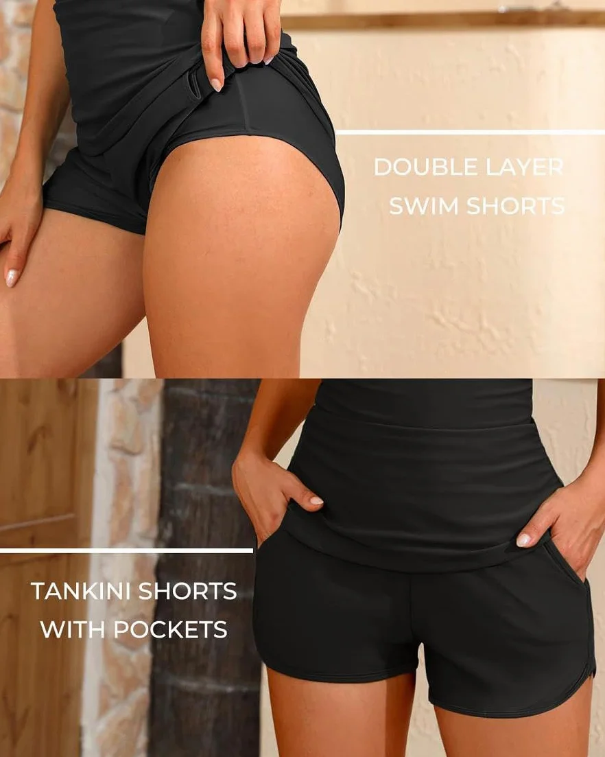 Tankini Mujer Traje de Baño 2 Piezas Push Up Cuello V Bolsillos Bikini Vientre Plano