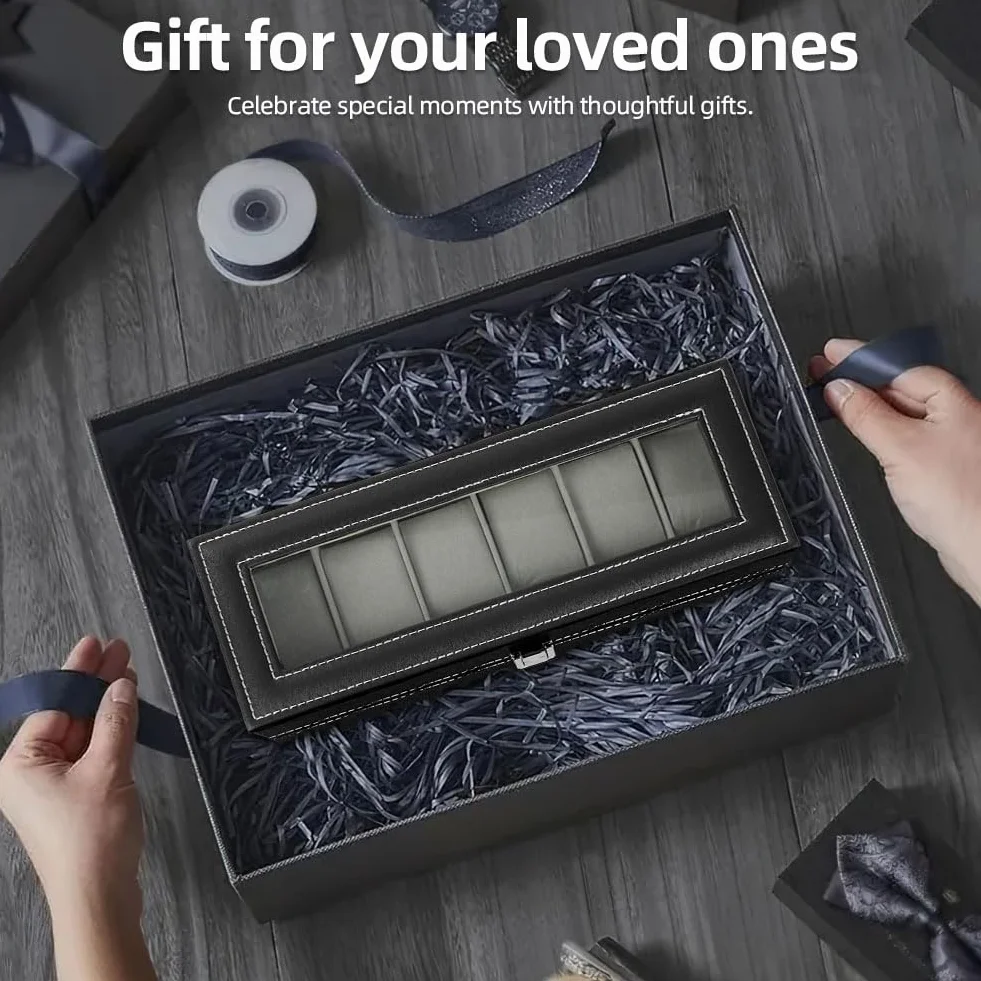 OFFCUP Caja de Relojes con 6 Compartimentos, Piel, Tapa de Cristal y Cojín Extraíble, Regalo para Hombres y Mujeres (Negra)