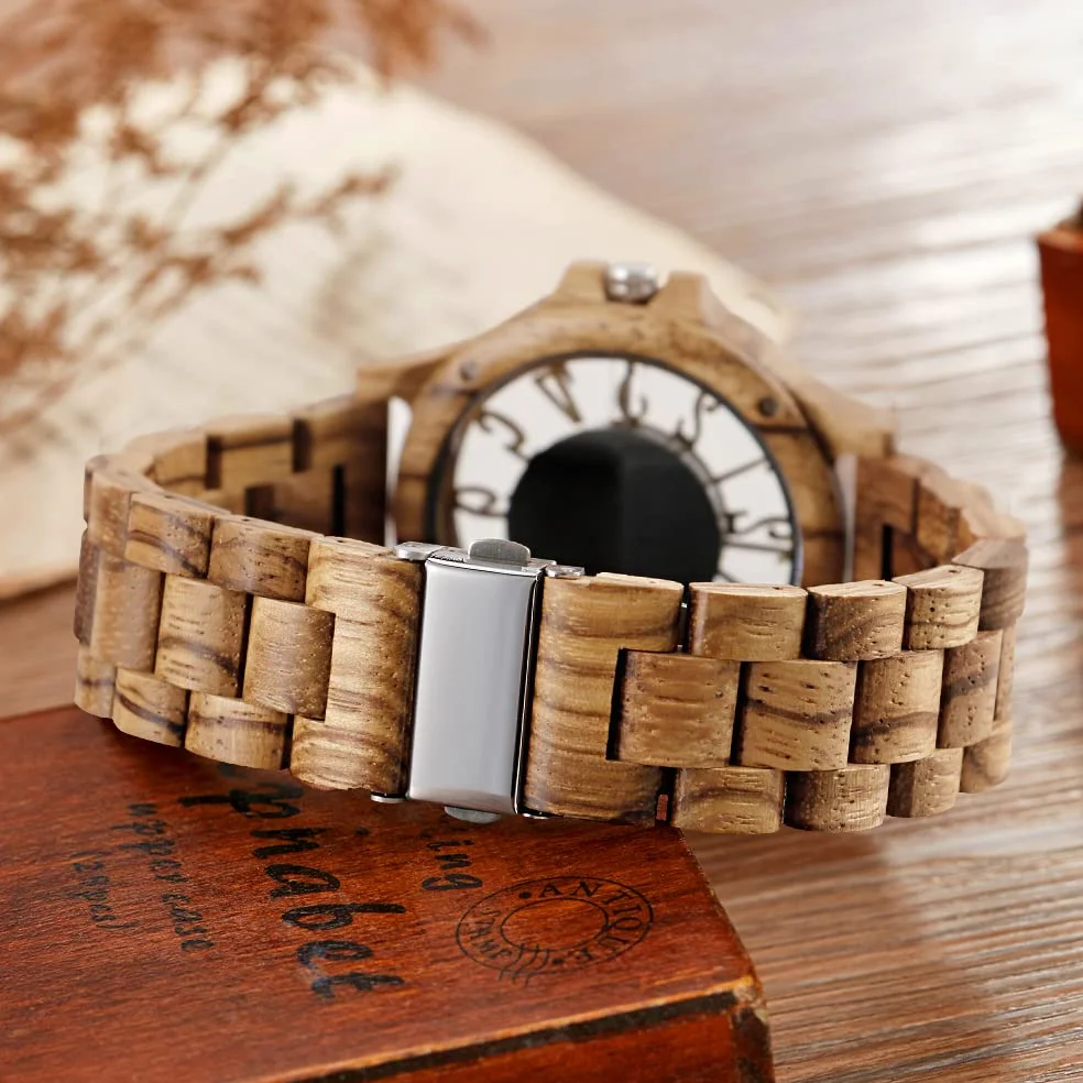 Relojes de madera para hombre, ébano, cebra, madera, cuarzo, cierre plegable, correa de madera, relojes de madera para hombre