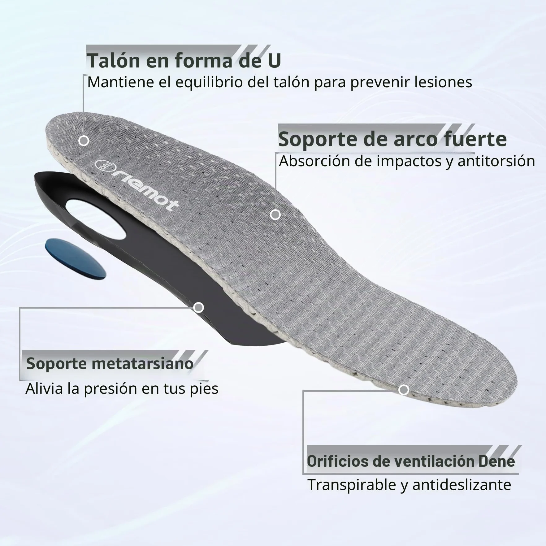 Riemot Plantillas Ortopédicas para Fascitis Plantar, Soporte de Arco, Pie Plano, Transpirables, Unisex, Gris, 40 EU