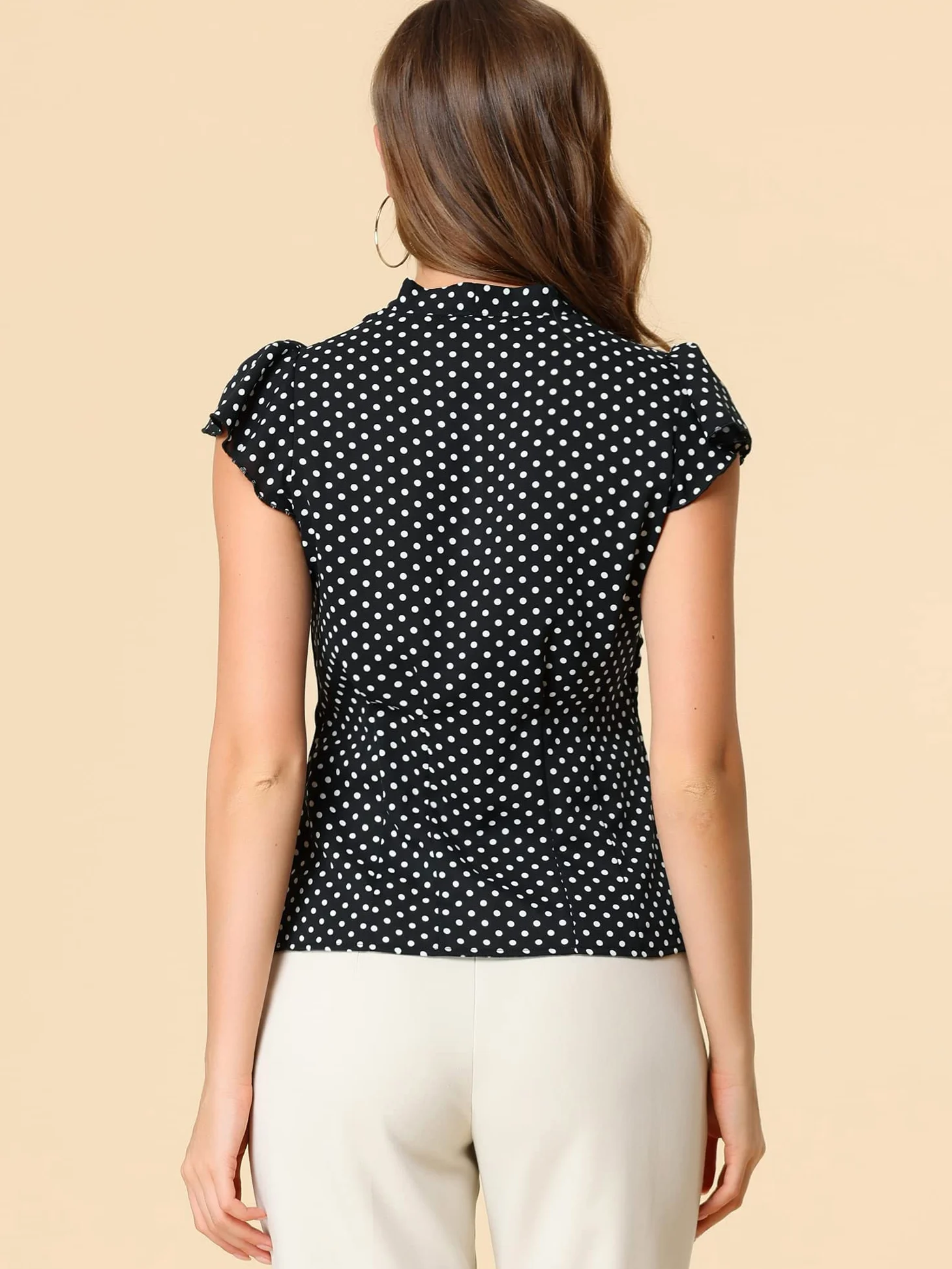 Allegra K Camisa con Lunares para Mujer, Blusa con Cuello de Lazo Y Manga con Volantes