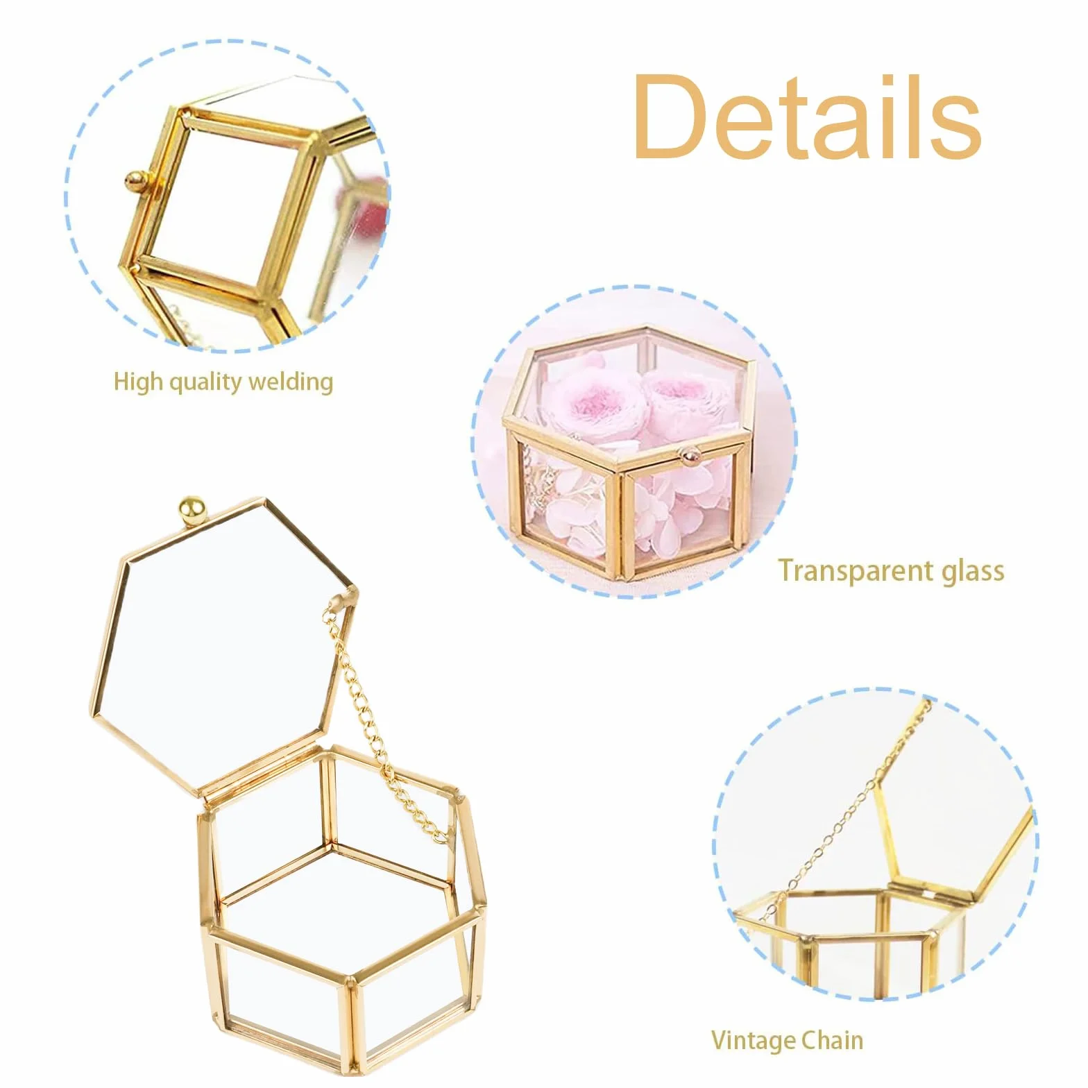 Joyero Geométrico de Cristal Dorado, Caja de Anillo de Vidrio Pequeña para Exhibir Joyas y Flores