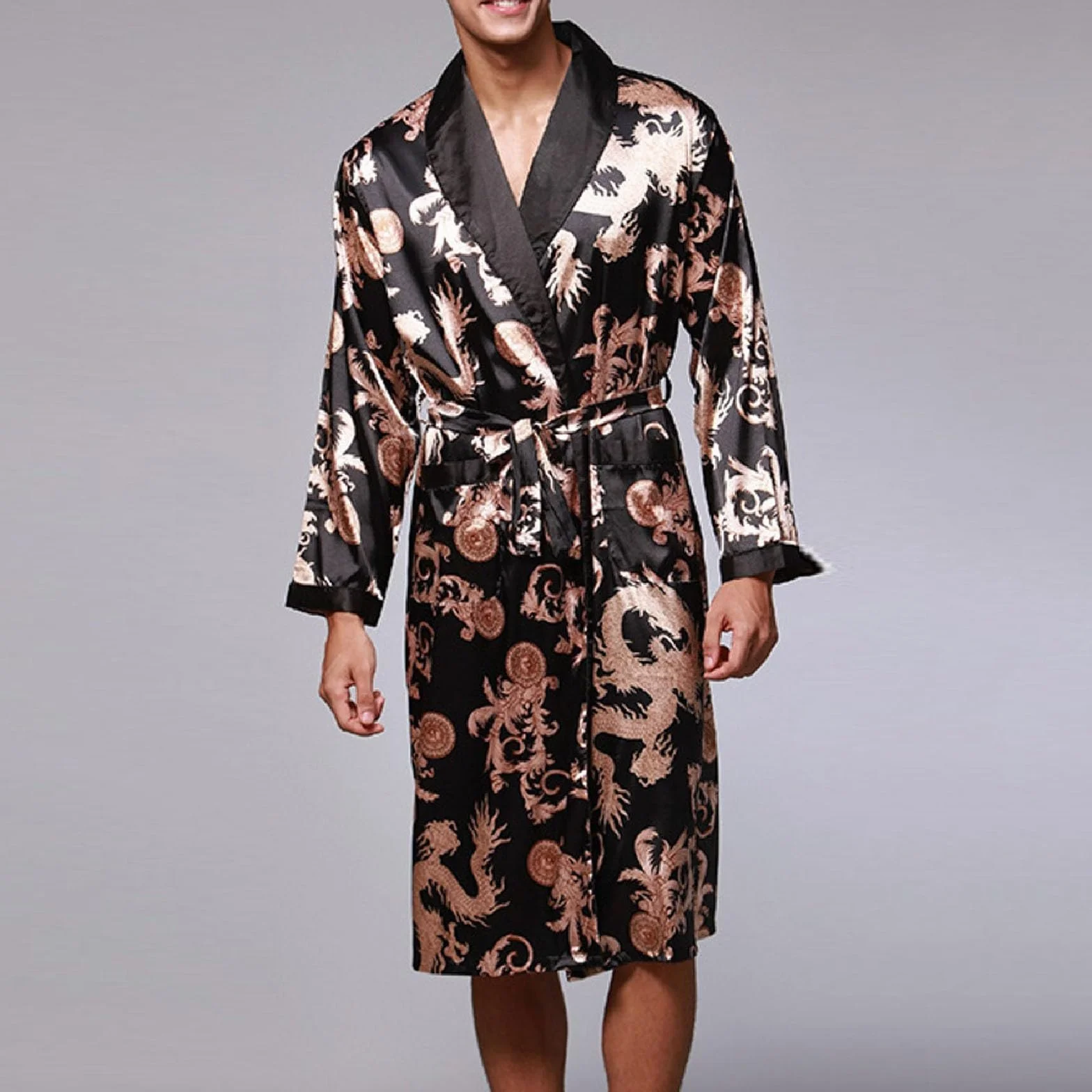 Generisch Albornoz para hombre ligero Dunn Bata de seda pijamas hombre satén corto sauna bata kimono bata de manga larga albornoz pijamas ropa de noche satén camisón albornoz para hombre