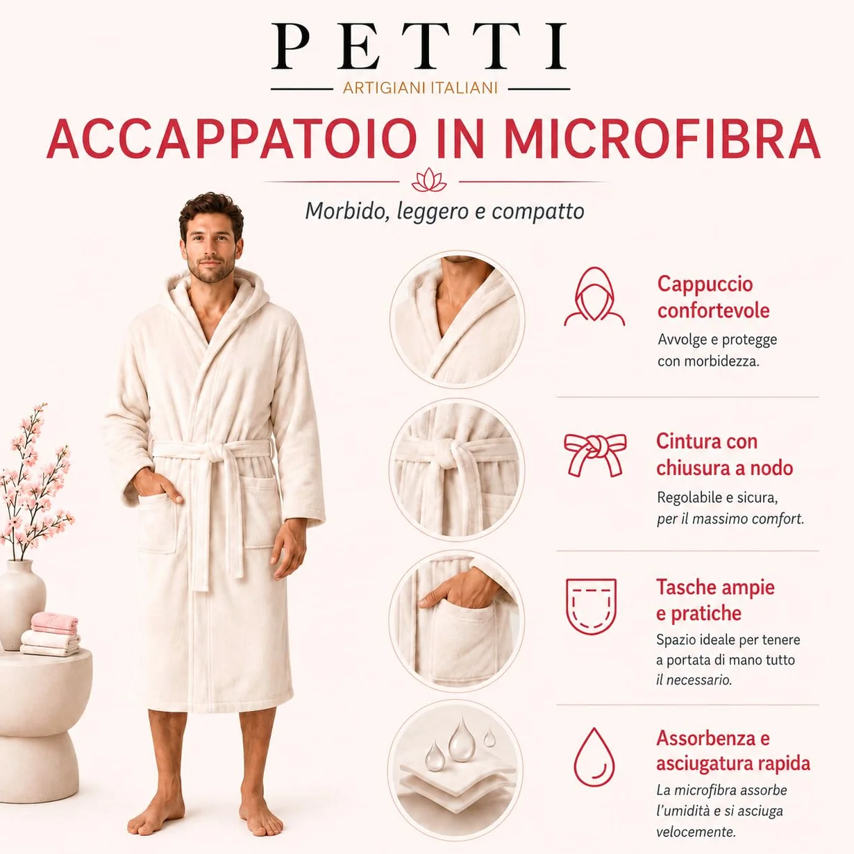 PETTI - Albornoz, Albornoz Mujer, Albornoz Hombre, Albornoz Unisex, Albornoz Microfibra, Albornoz con Capucha Bolsillos y Cinturón