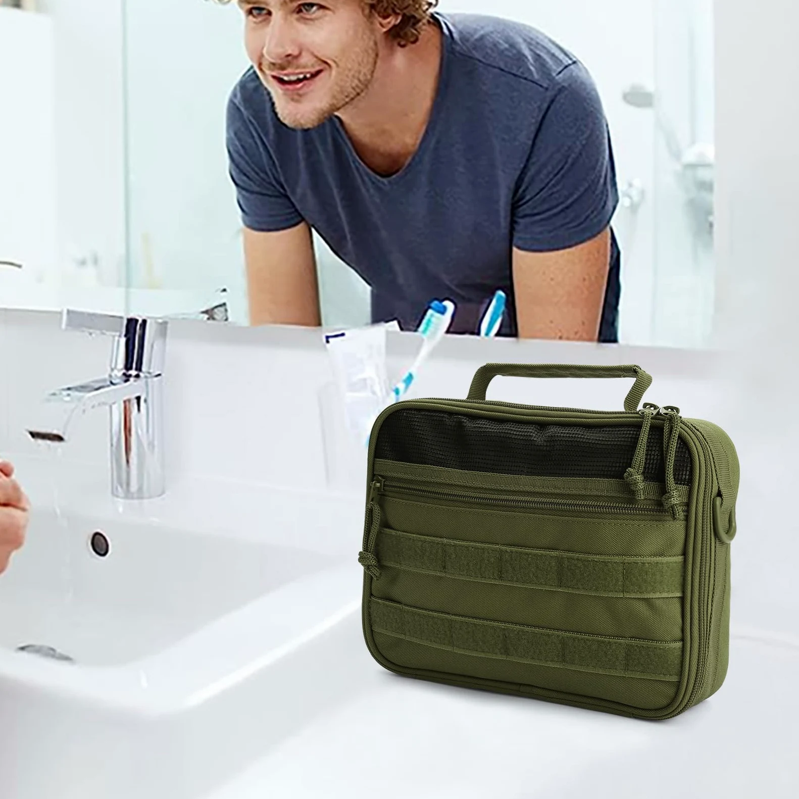 SMONT - Neceser táctico para Hombre, Kit de Aseo para Colgar, Bolsa de Afeitado para Viajes, Accesorio de baño, 24 cm, Verde, Multifuncional