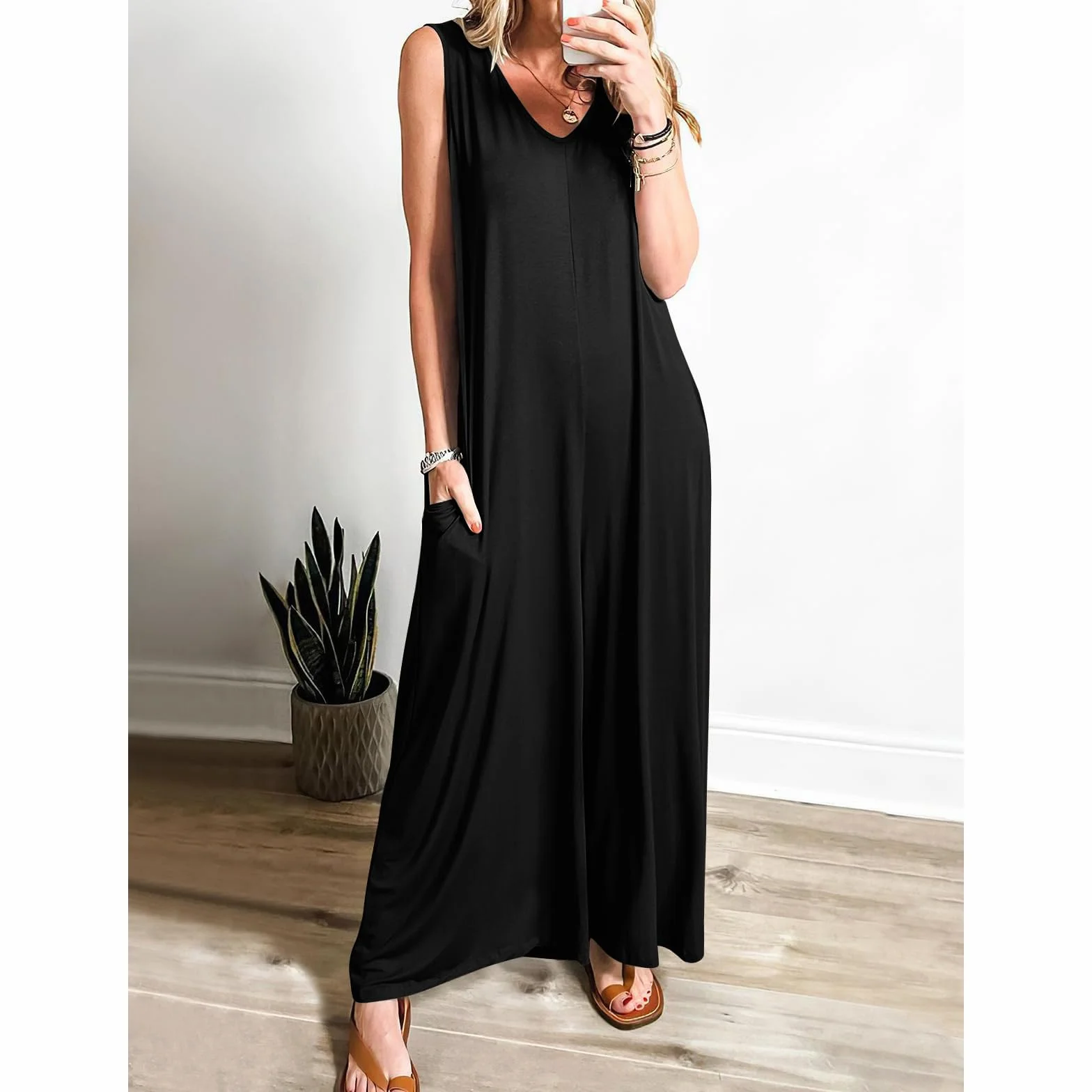 Mono Mujer Jumpsuit Sin Mangas Largo Pierna Ancha Pantalón Rompers Verano Tirantes Anchos Overol Cuello en V