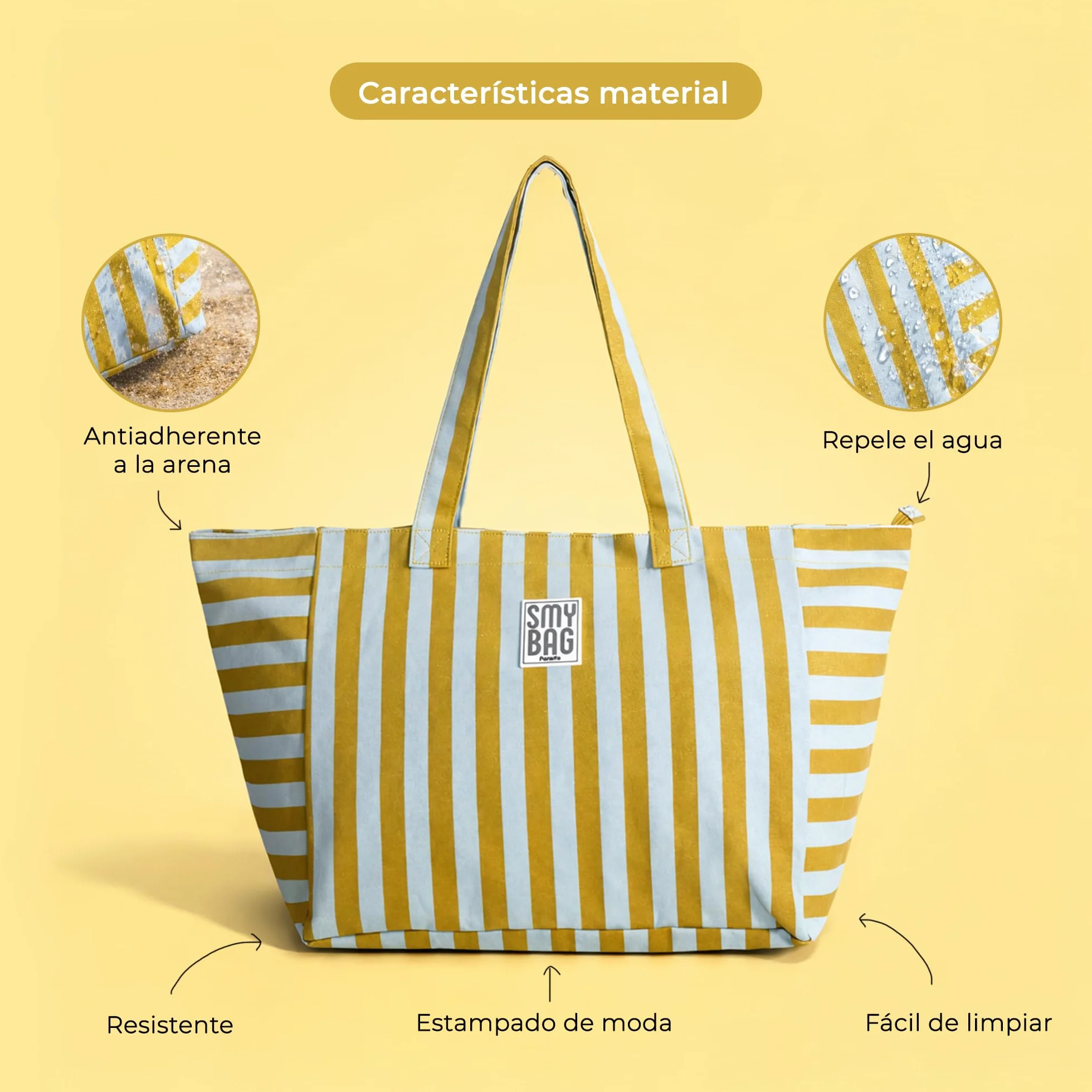 Bolsa de Playa Mujer Menorca Grande - Bolso Playa a Rayas con Cremallera - Shopper Verano Amplio y Resistente - 64x35x23,5 cm