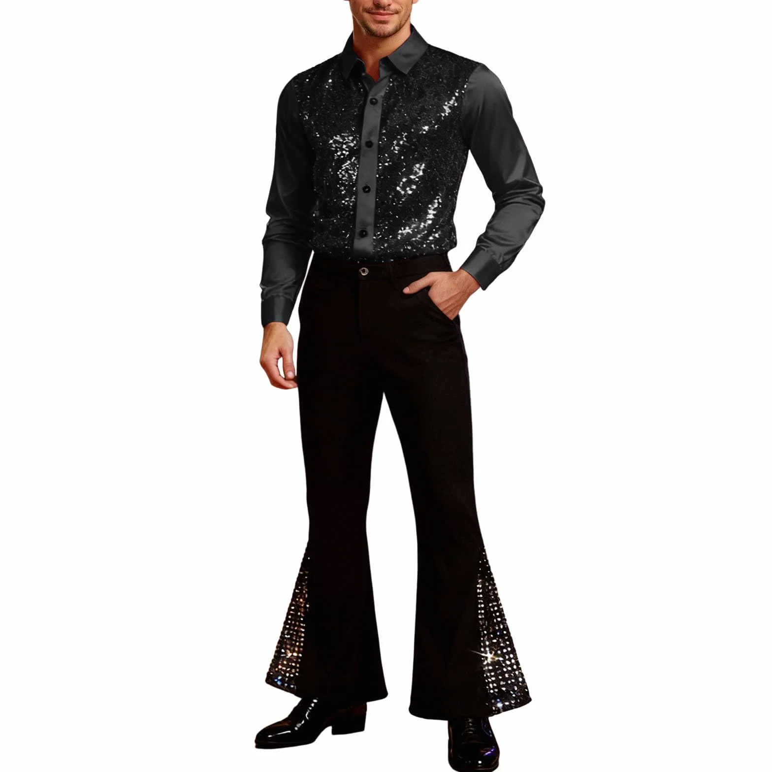Traje de lentejuelas brillantes para hombre, camisa larga y pantalón elefante, chándal carnaval 60s Groovy baile latino