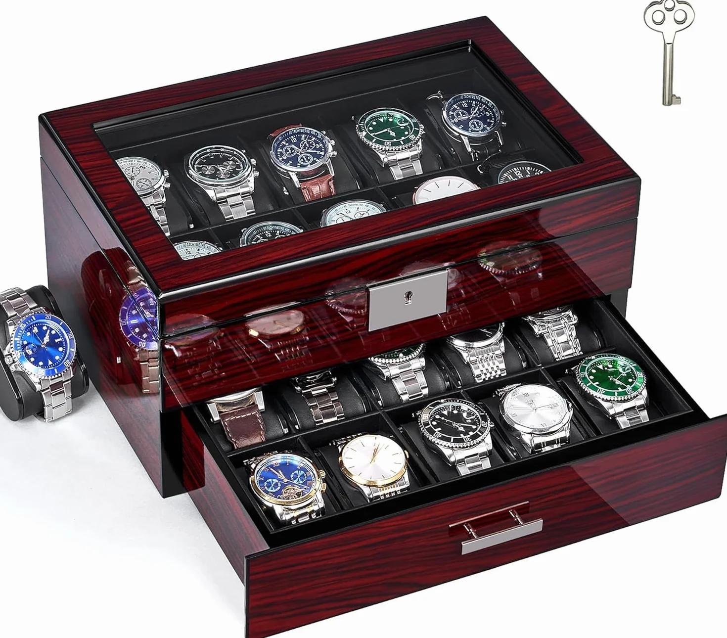 ANWBROAD Caja para Relojes 20 Compartimentos Con Cerradura Vitrina 2 Niveles JWB002Y