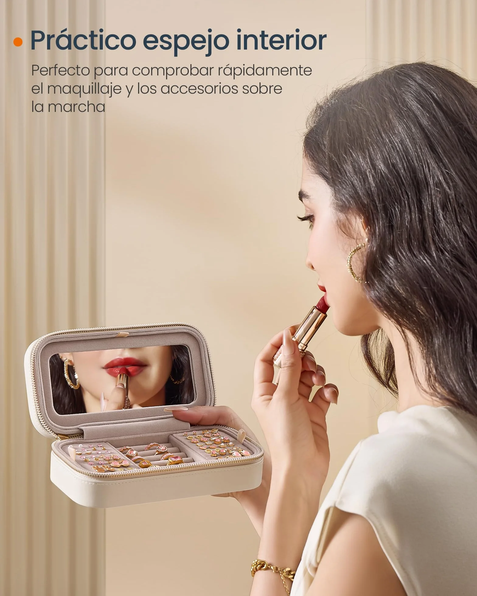 SONGMICS HOME Joyero de Viaje Pequeño con Espejo 10,5 x 20,5 x 6 cm PU Blanco Nube JBC180W01