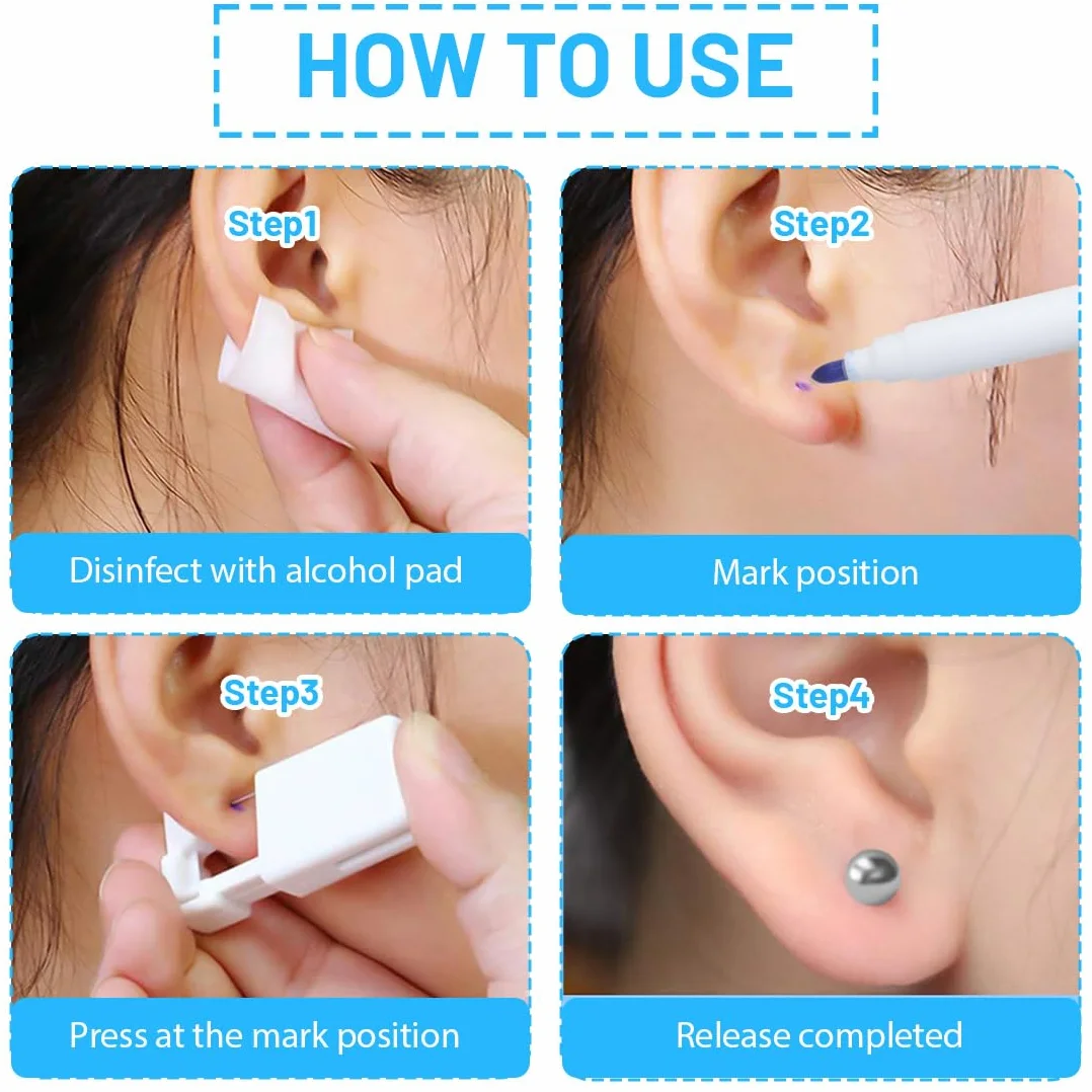 Pistolas para Piercing Oreja Desechables Kit Autoperforante Indolora Estéril con Aretes 4 Piezas