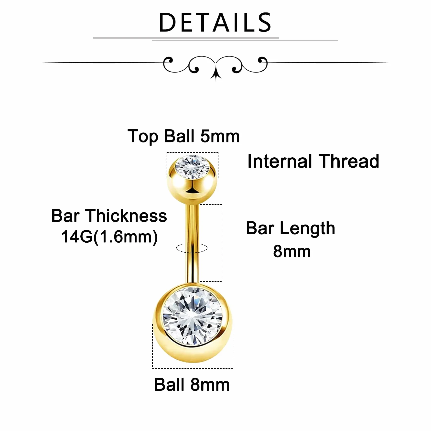 AceFun 2 piezas piercing ombligo acero quirúrgico 6mm-16mm oro plata con fundas silicona antideslizantes CZ rosca exterior
