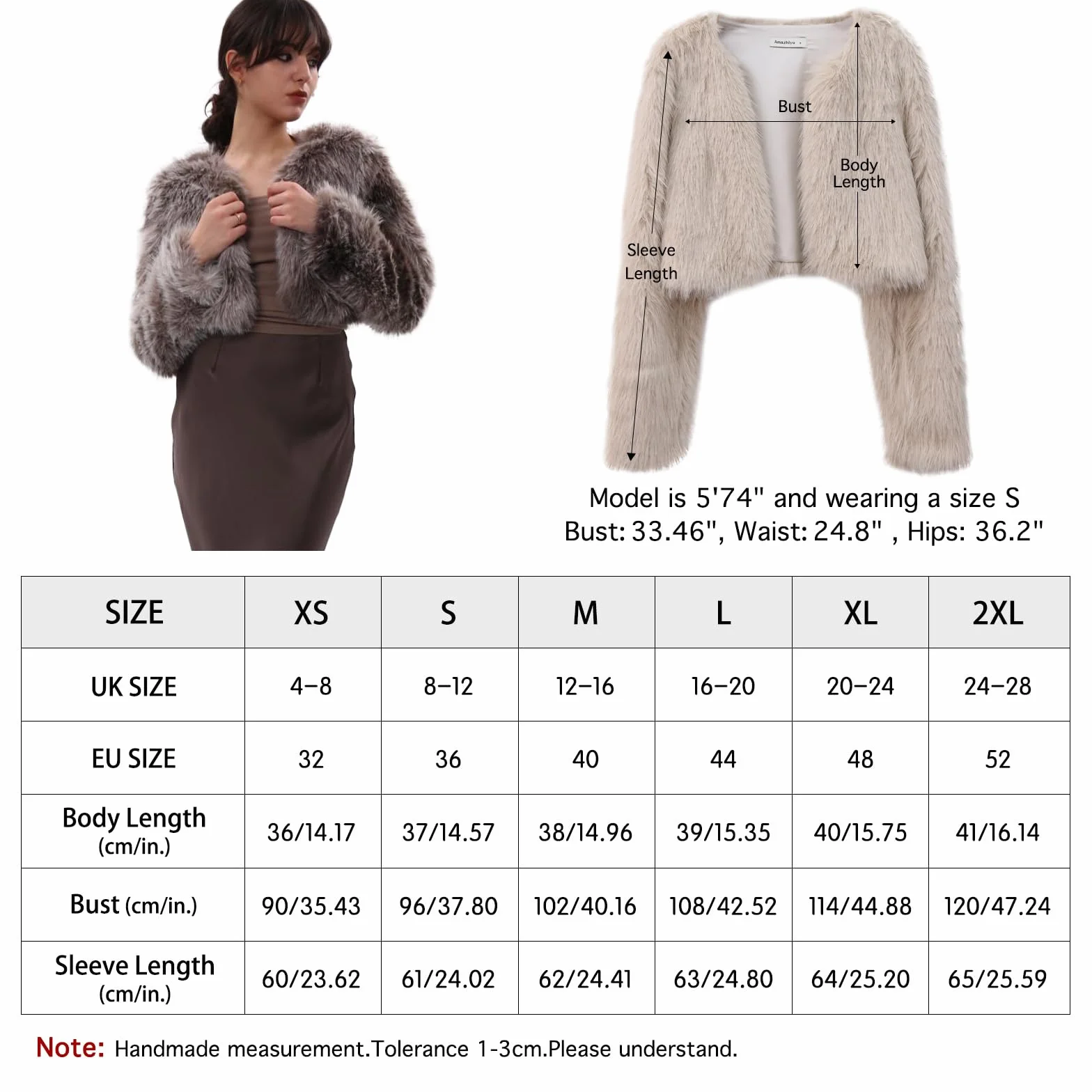 Amazhiyu Abrigo de piel sintética para mujer, chaqueta corta de manga larga, cuello, invierno