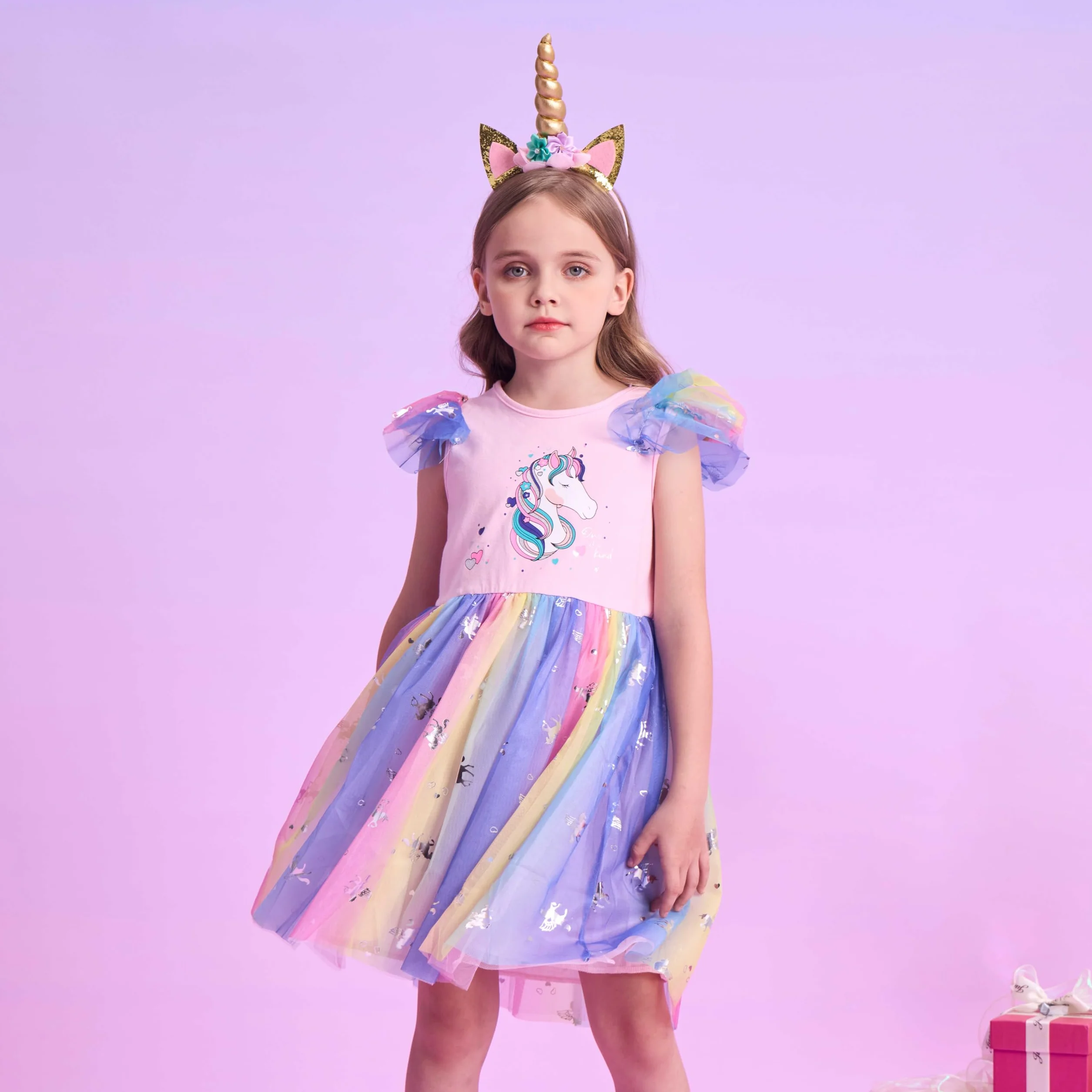 VIKITA Vestido de Princesa con Lentejuelas y Estampado de Mariposa Unicornio para Niñas