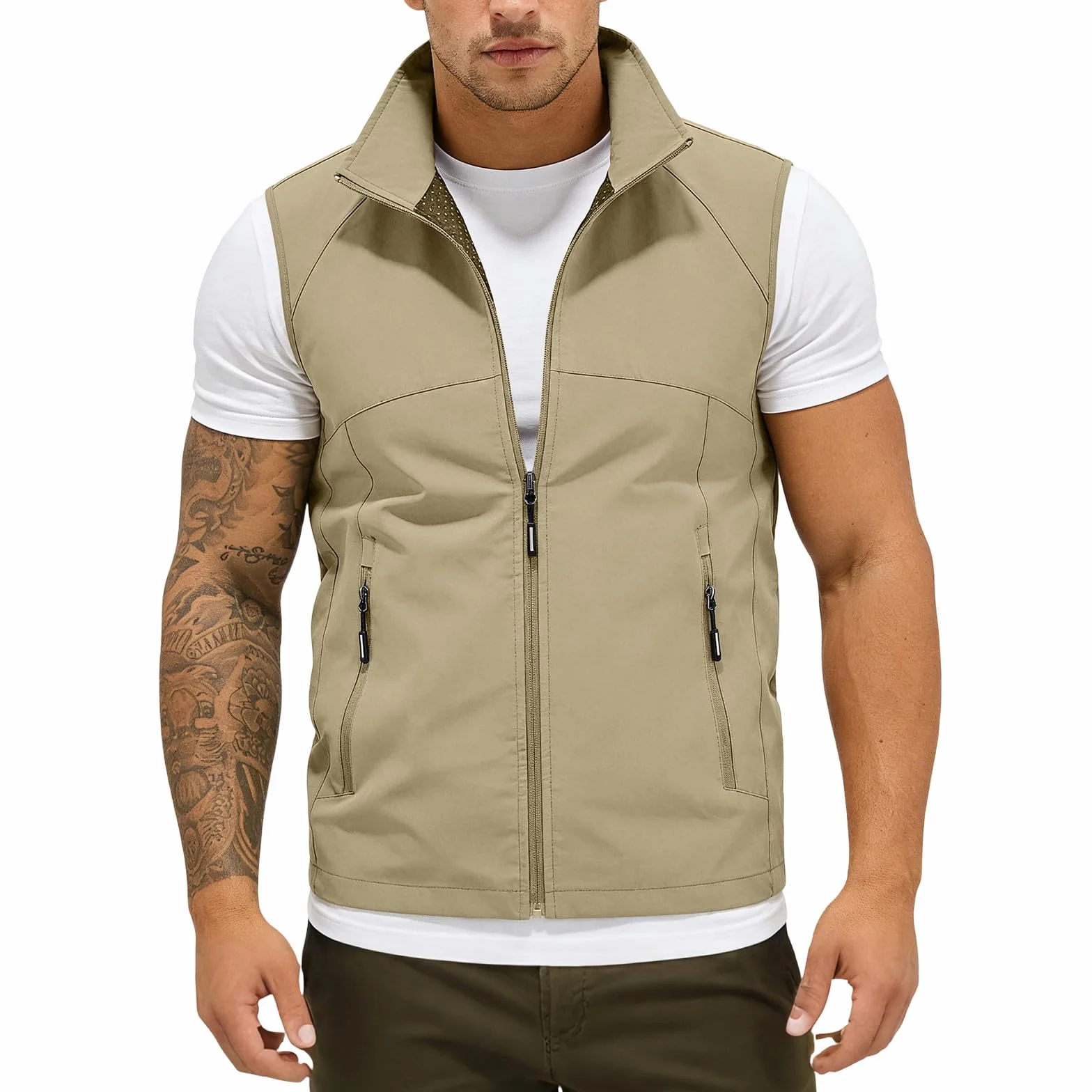 Chaleco de trabajo para hombre al aire libre transpirable, chaleco de pesca ligero, cuello alto sin mangas con cremallera
