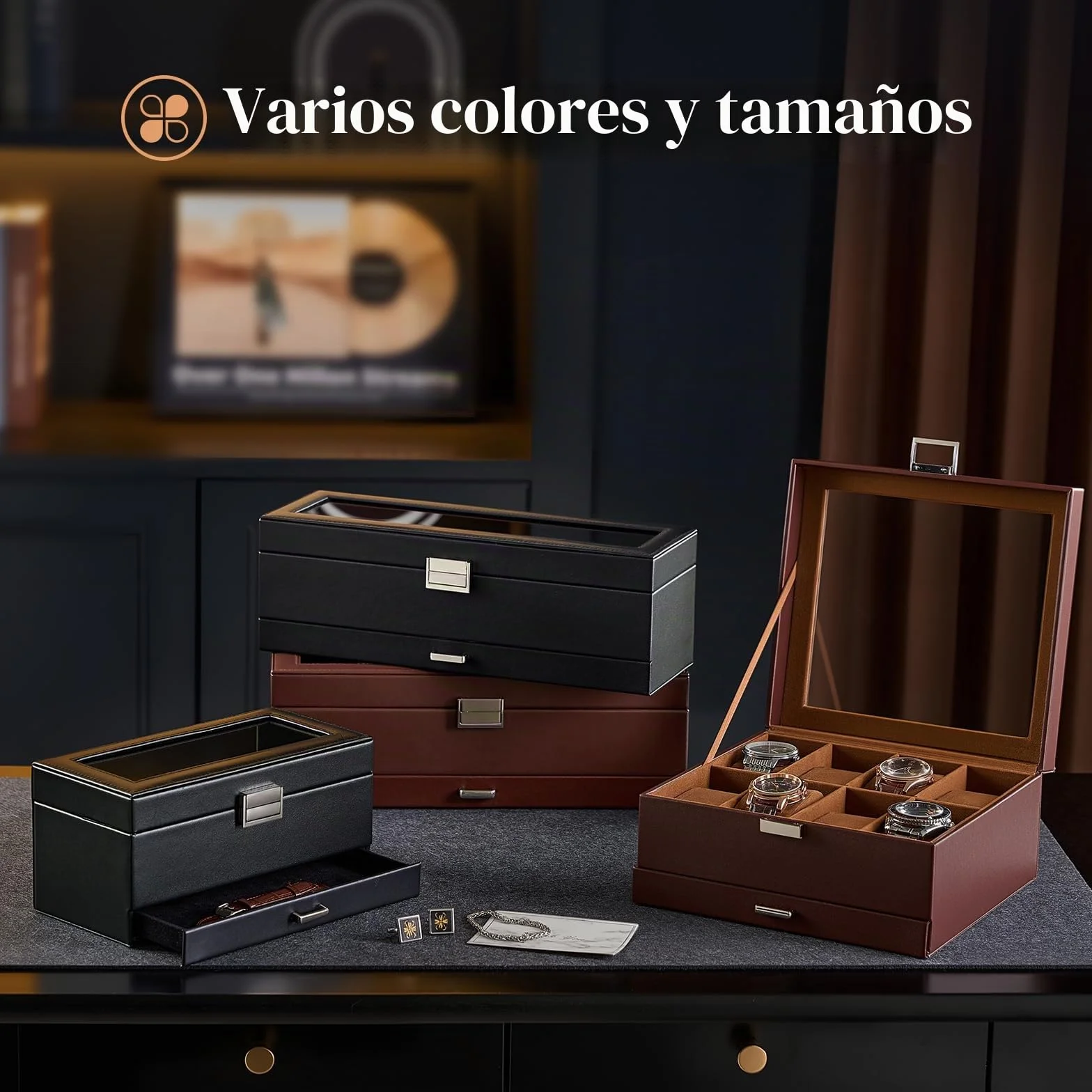 ProCase Estuche para Relojes de Doble Nivel con Tapa de Cristal, Organizador para Relojes, Anillos y Pulseras, Marrón