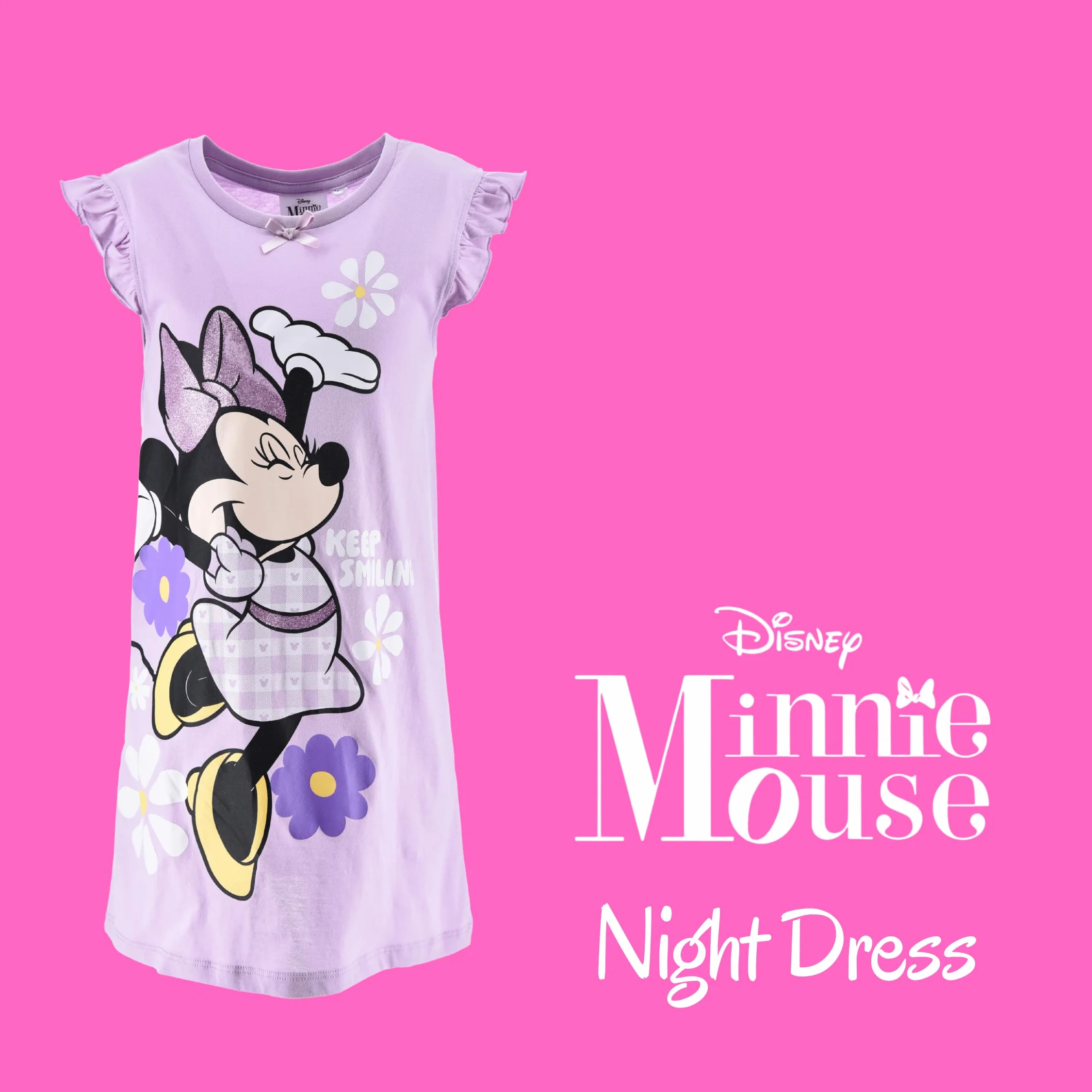 Disney Minnie Mouse Camison Algodon Suave Gingham Vestido Manga Corta para Niña Tallas 3-8 Años