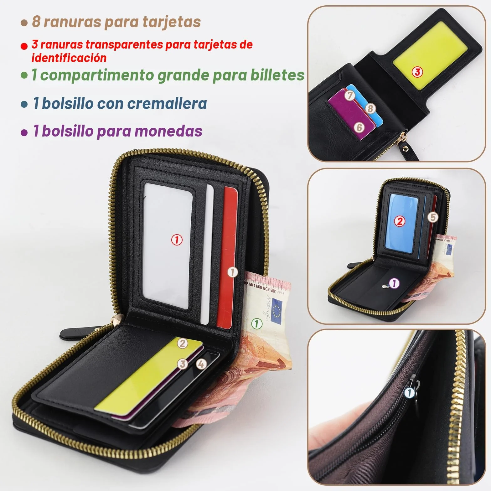 FuninCrea Cartera Hombre Cremallera Hebilla Múltiples Compartimentos Monedero Pequeña Ventanillas Identificación Tarjetas