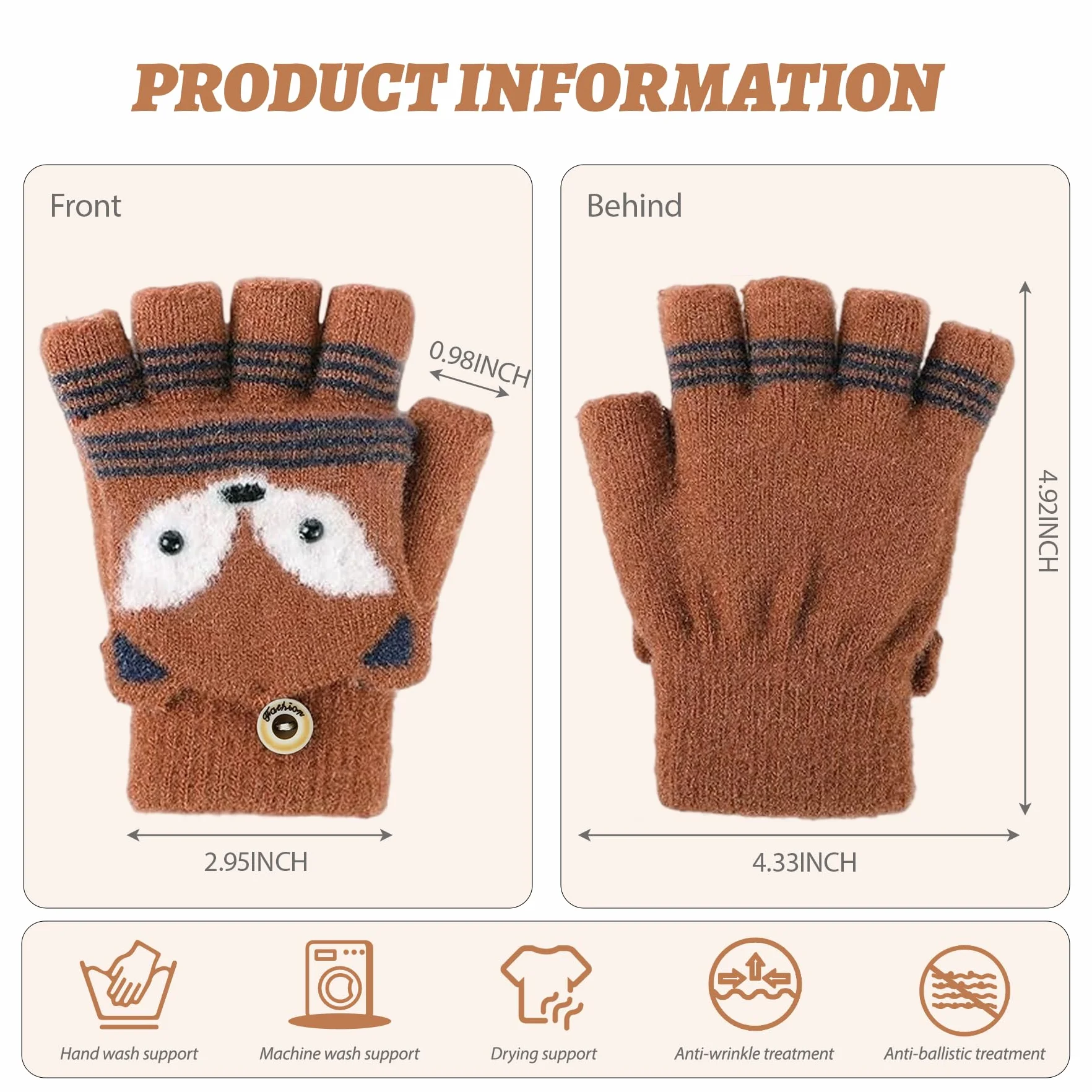 Guantes de invierno sin dedos para niños y niñas, guantes convertibles de zorro de dibujos animados, elásticos, medio dedo, 3-10 años