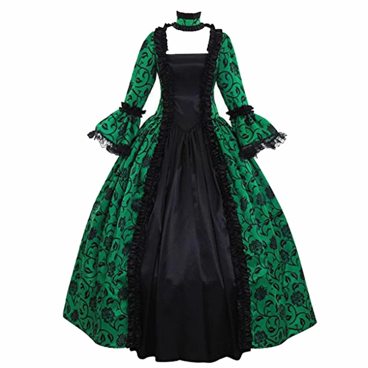 CAMDOM Vestido de Fiesta Victoriano Mujer Retro Medieval Palacio Largo Cuello Cuadrado Satén Elegante Mangas Acampanadas Disfraz Vintage Cosplay