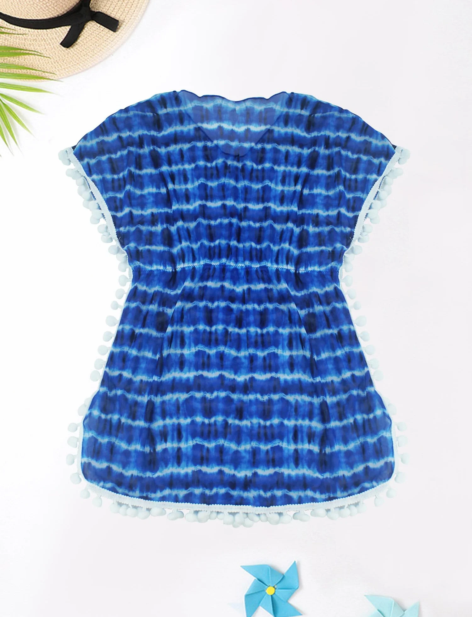 FEOYA Bikini para niña, vestido de playa, cubierta para traje de baño, cubierta de playa, poncho de playa con borla pequeña, bola de lana con cuello en V, ropa de playa elástica, 8-14 años