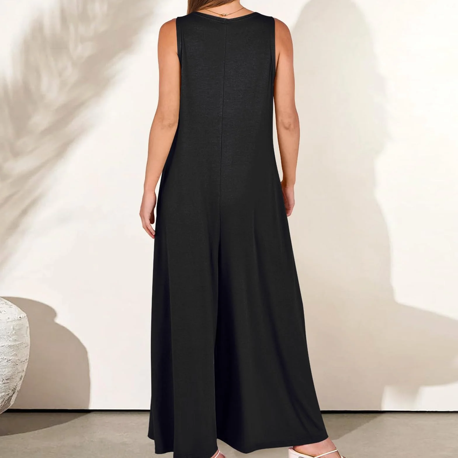 Mono Mujer Jumpsuit Sin Mangas Largo Pierna Ancha Pantalón Rompers Verano Tirantes Anchos Overol Cuello en V