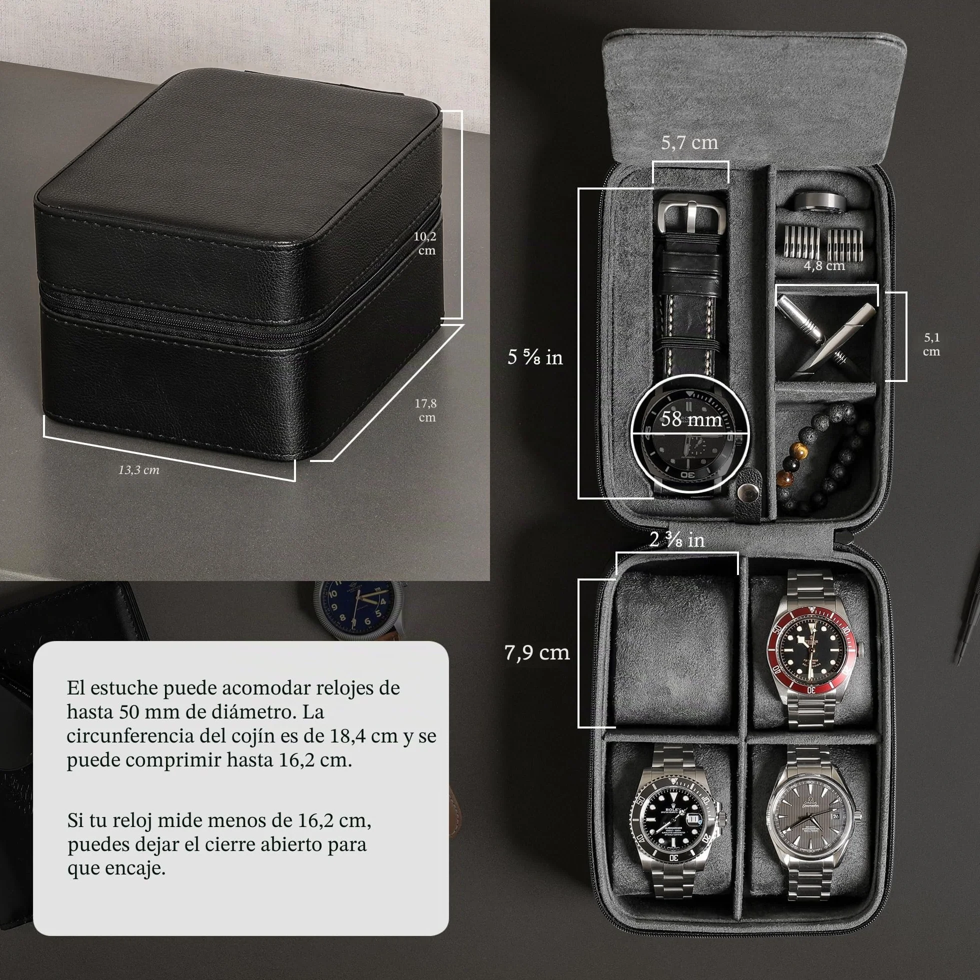 ROTHWELL Estuche organizador de viaje para 5 relojes, resistente, portátil, con cremallera, hasta 50 mm