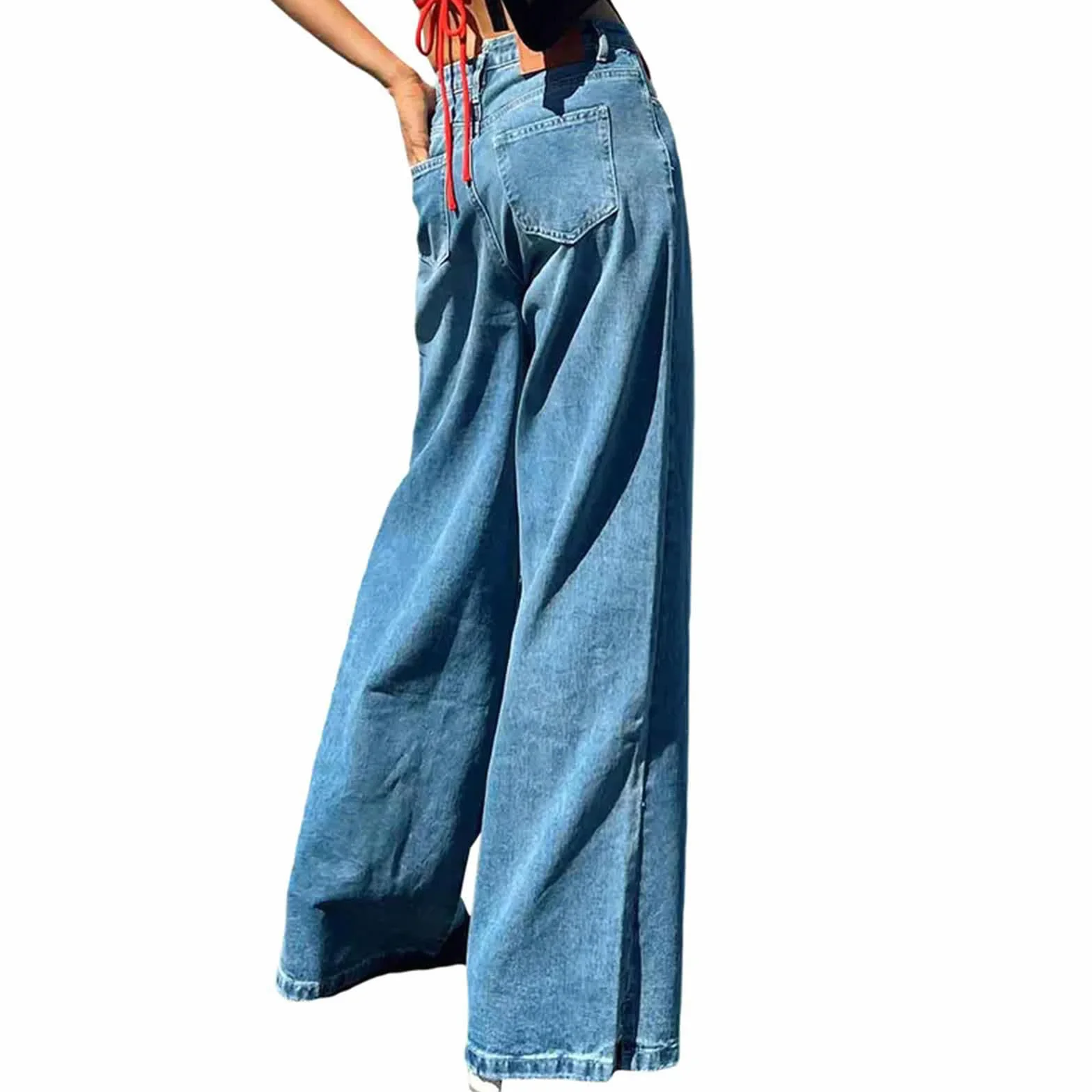 Pantalones Vaqueros de Mujer Mezclilla Pierna Ancha Elásticos Color Sólido con Bolsillos