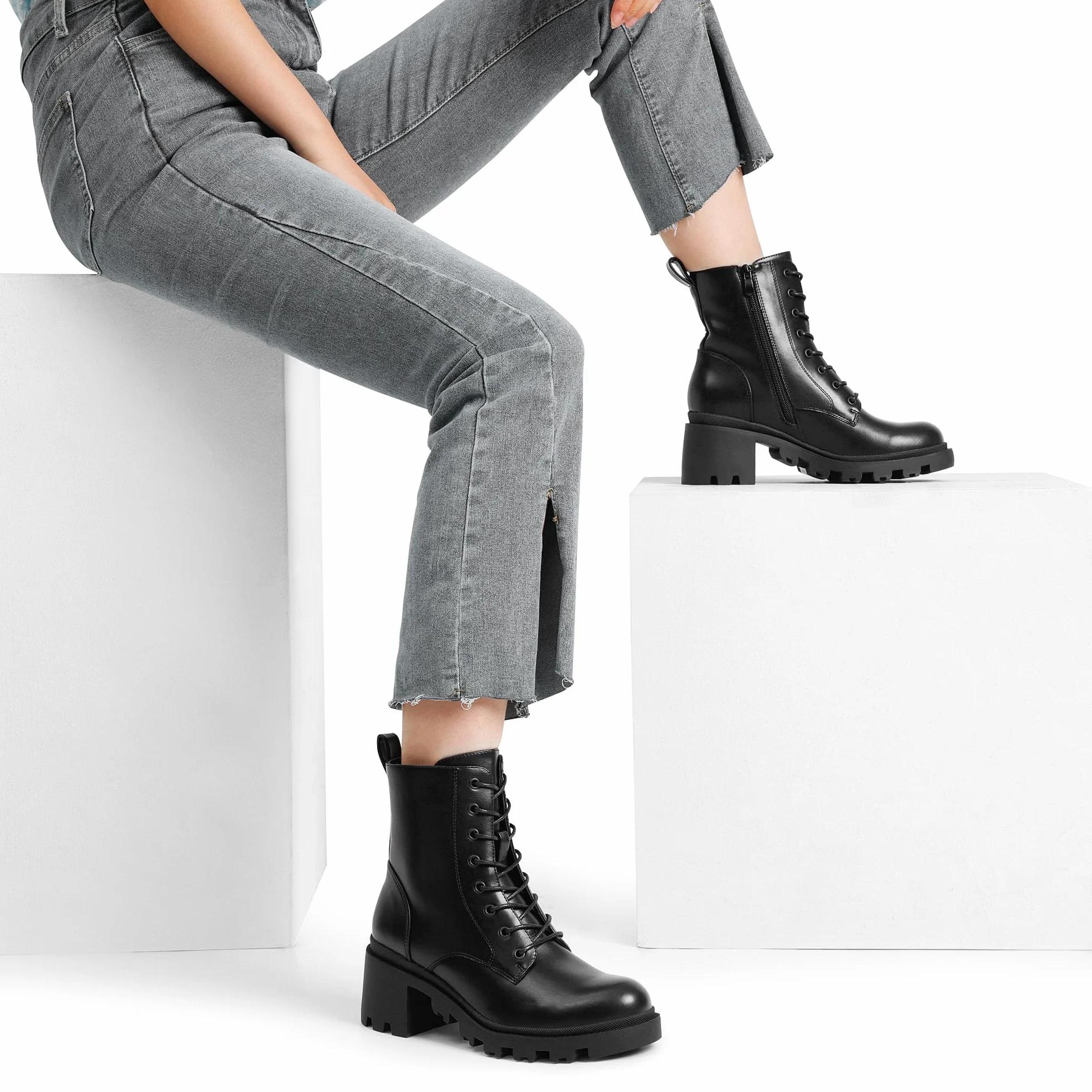 DREAM PAIRS Botas Militares Mujer Tacon Ancho Cordones Cremallera Moda Combate