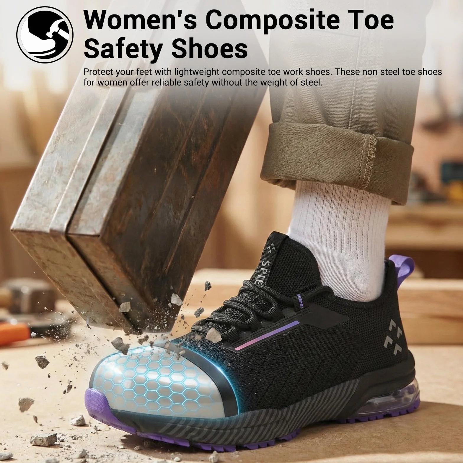 SPIEZ Zapatos Seguridad Mujer Air Cushion Slip-On Punta Composite Soporte Arco Negro-Morado EU 35-41