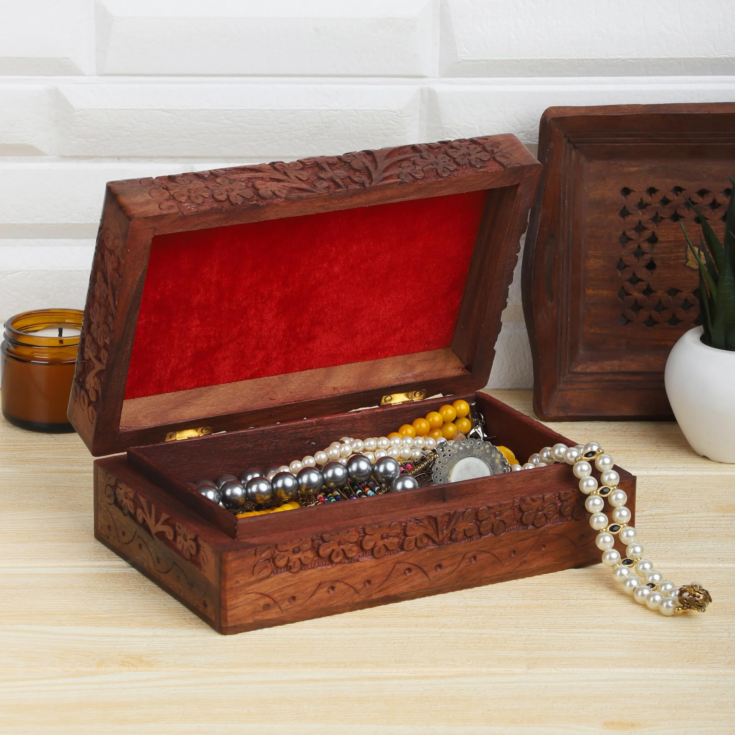 Cofre del Tesoro Decorativo de Madera Tallada a mano con Patrón de árbol de la Vida, Almacenamiento de Joyas, Caja de Reloj, 8 x 5 pulgadas